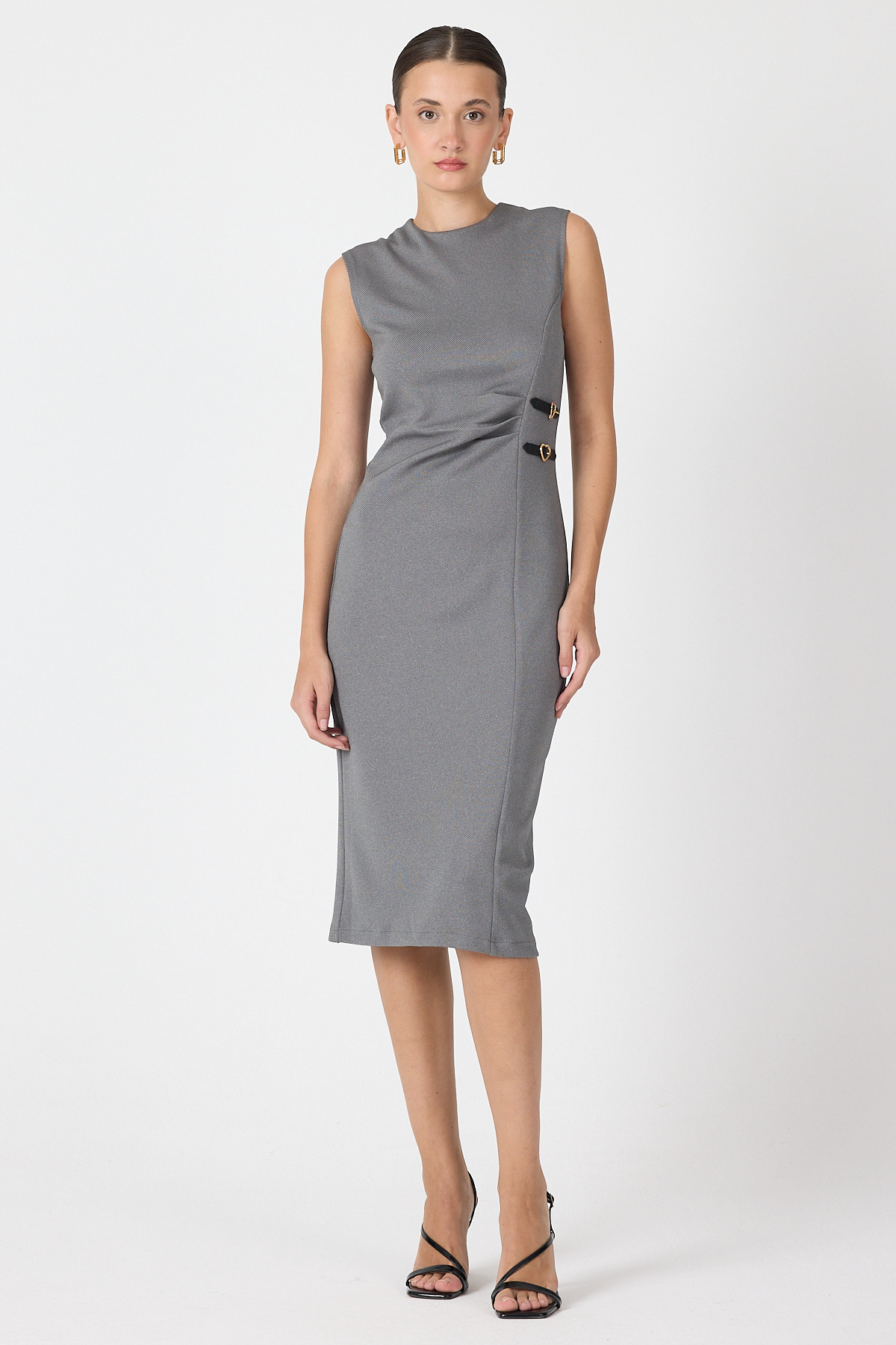 Antrasit Gri Kalp Tokalı Midi Elbise 8144A - 3