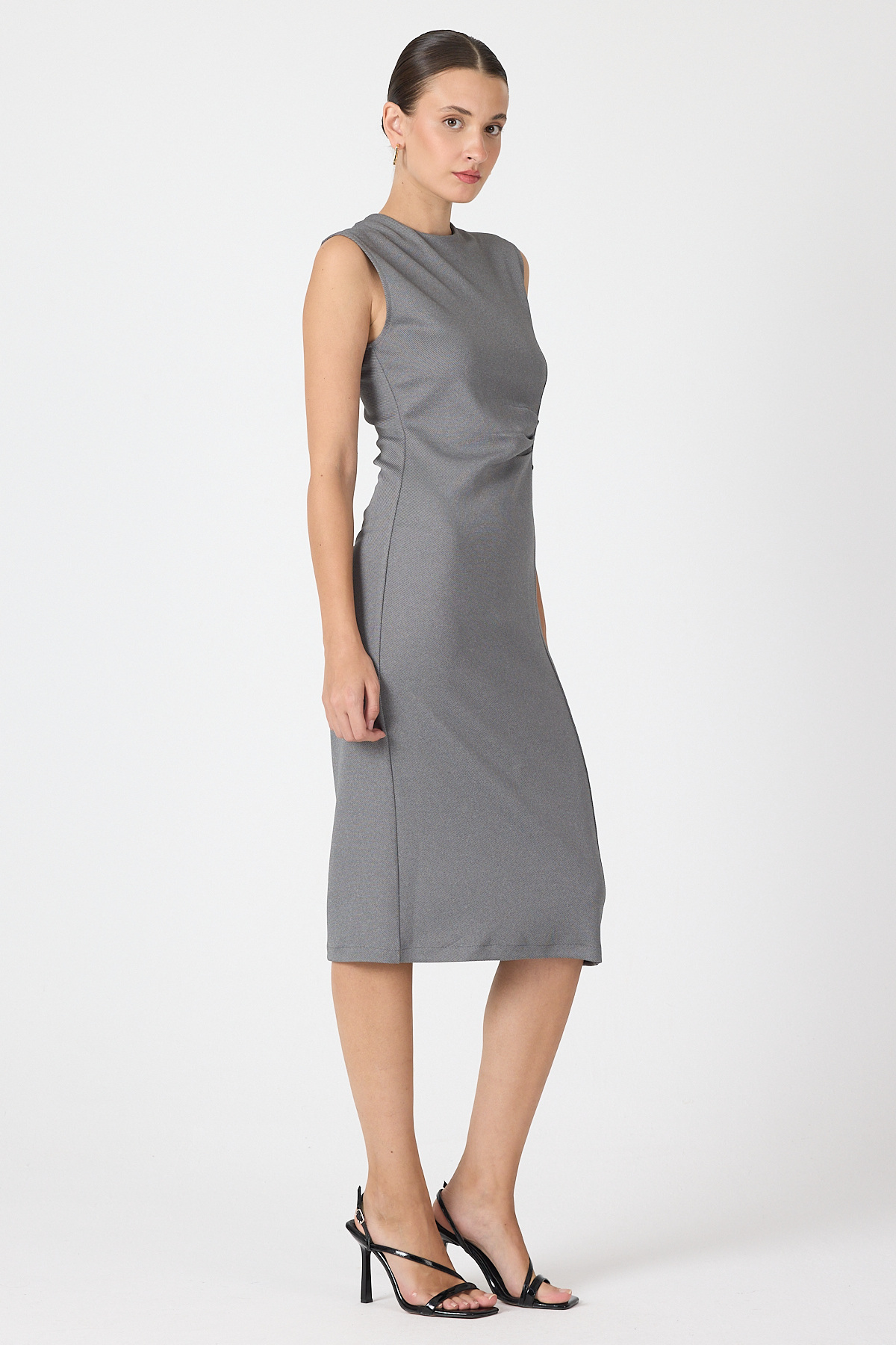 Antrasit Gri Kalp Tokalı Midi Elbise 8144A - 7