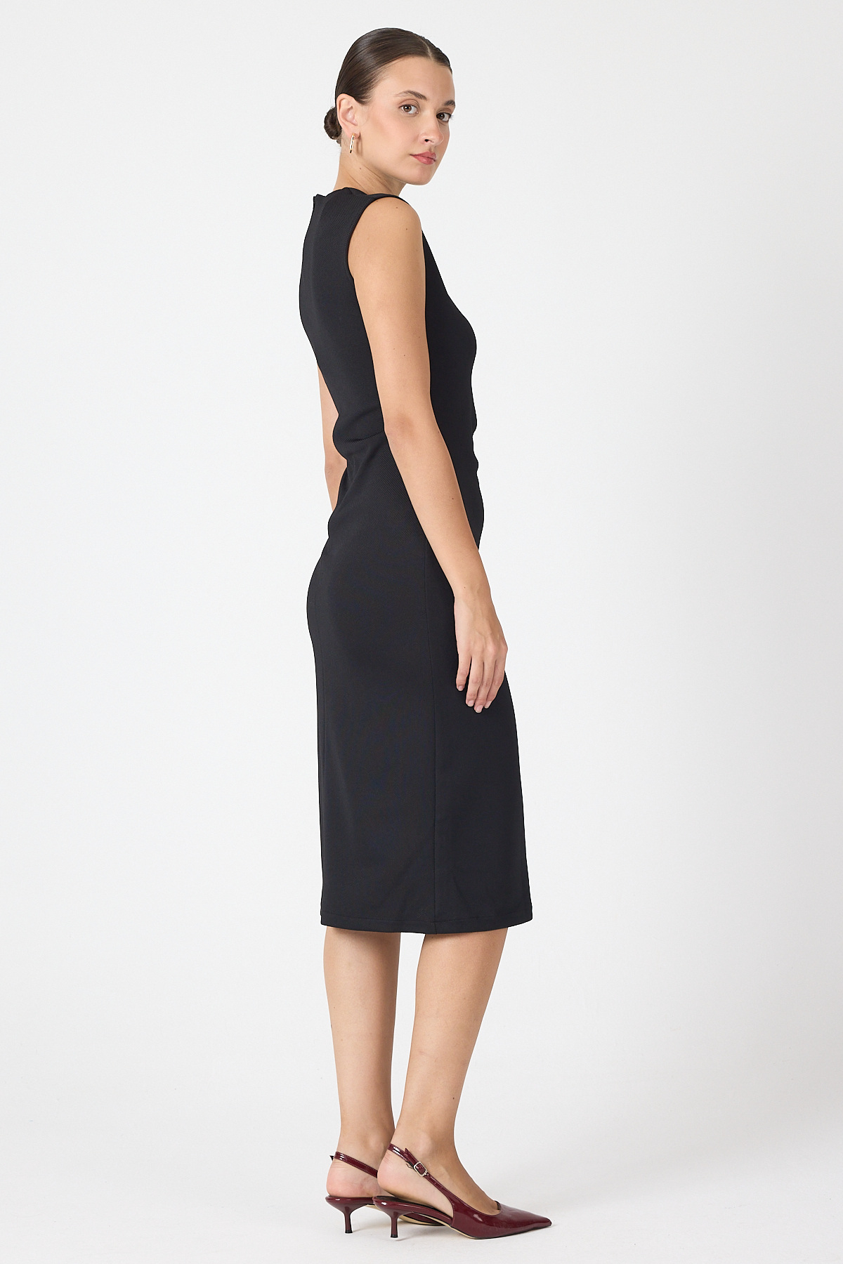 Siyah Gri Kalp Tokalı Midi Elbise 8144A - 5