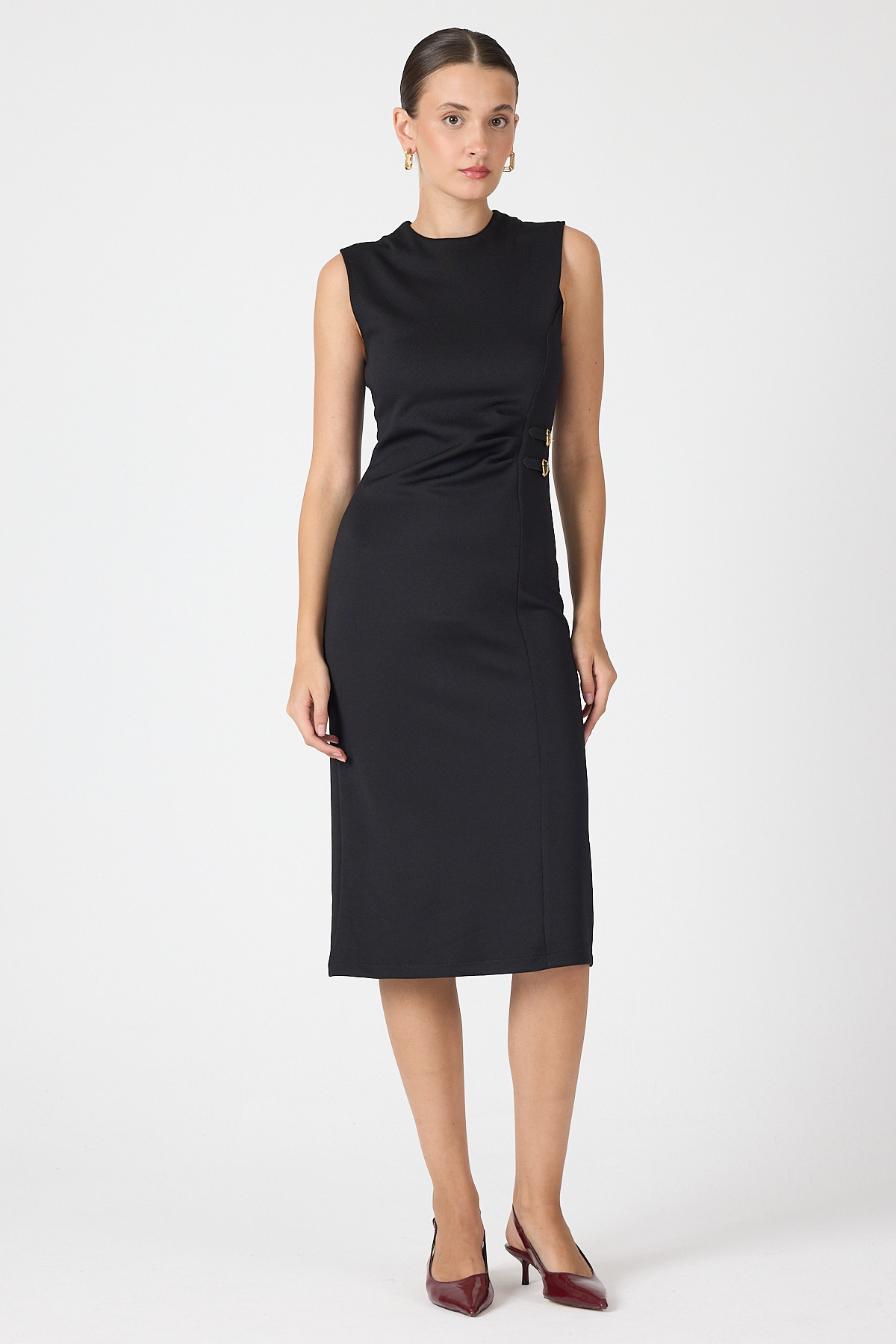 Siyah Gri Kalp Tokalı Midi Elbise 8144A - 2