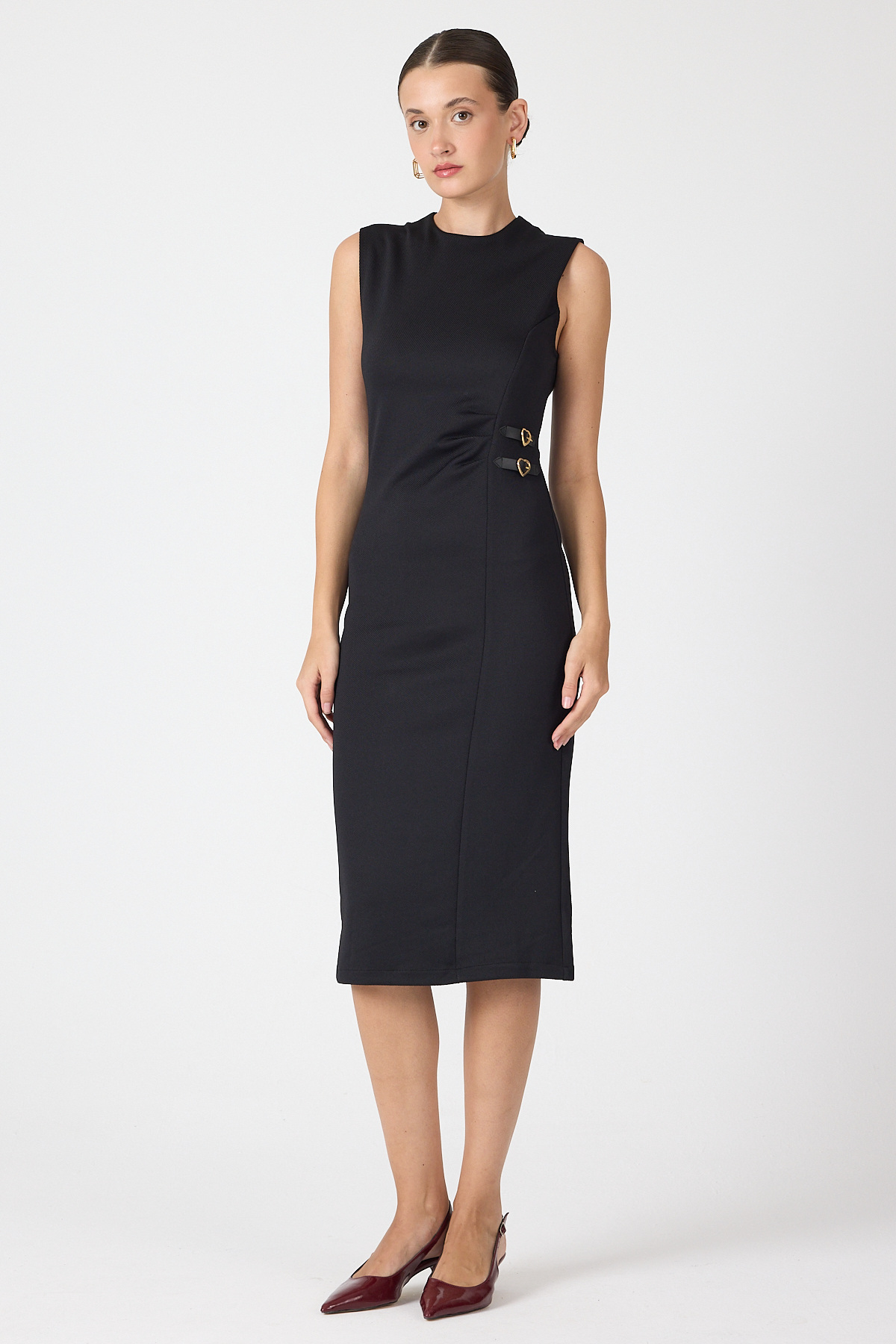 Siyah Gri Kalp Tokalı Midi Elbise 8144A - 1