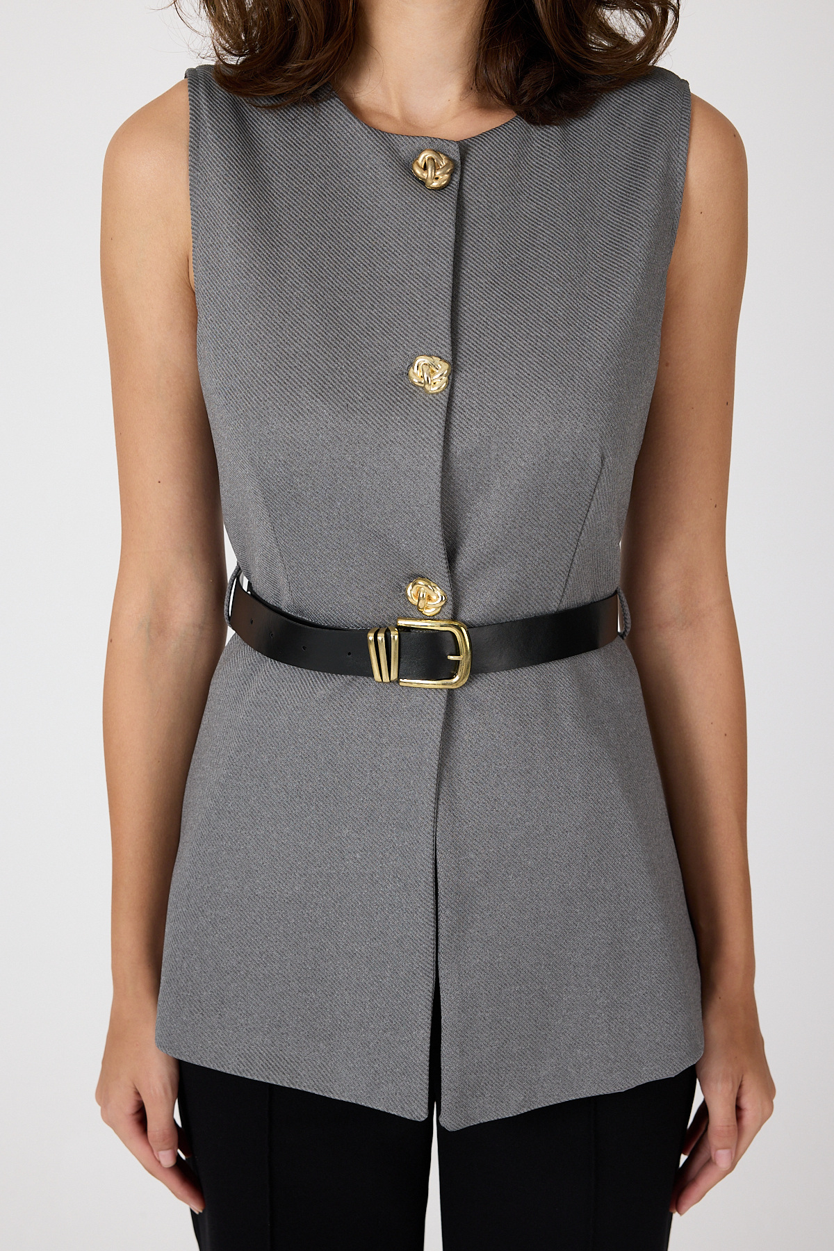 Antrasit Gold Düğmeli Kemerli Yelek 8145A - 4