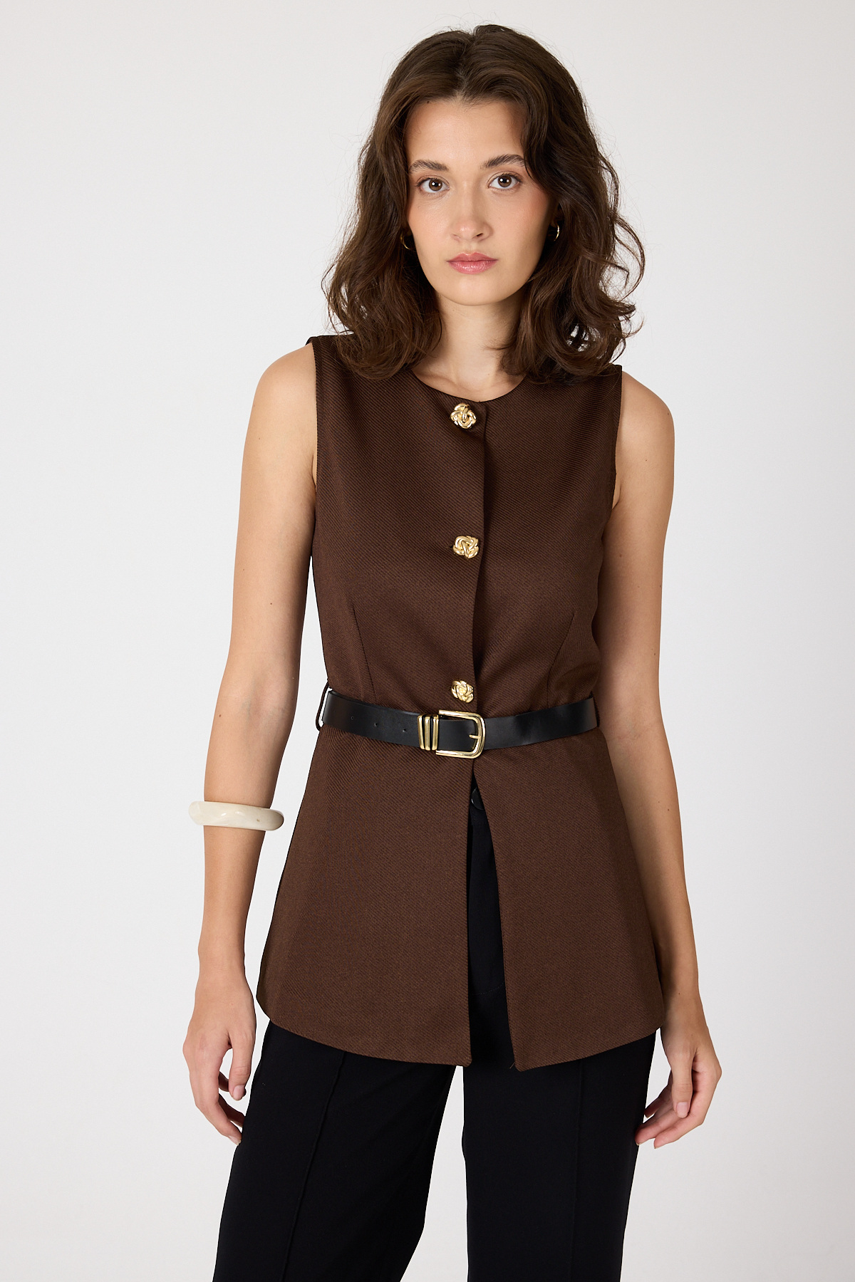 Kahve Gold Düğmeli Kemerli Yelek 8145A - RAYS (1)