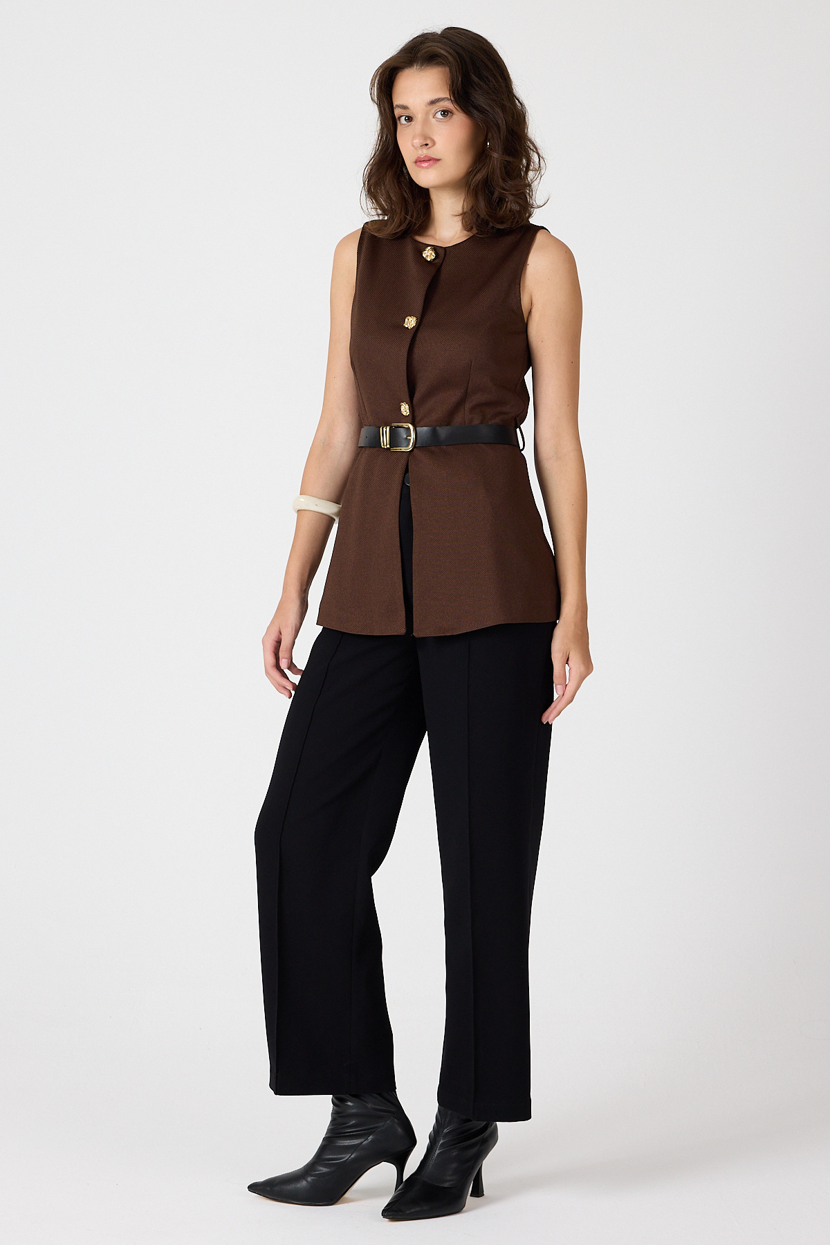 Kahve Gold Düğmeli Kemerli Yelek 8145A - 3