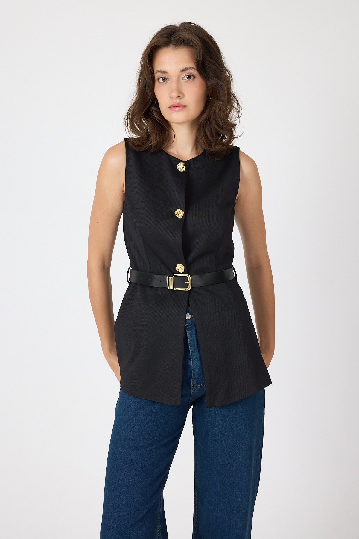Siyah Gold Düğmeli Kemerli Yelek 8145A - RAYS (1)