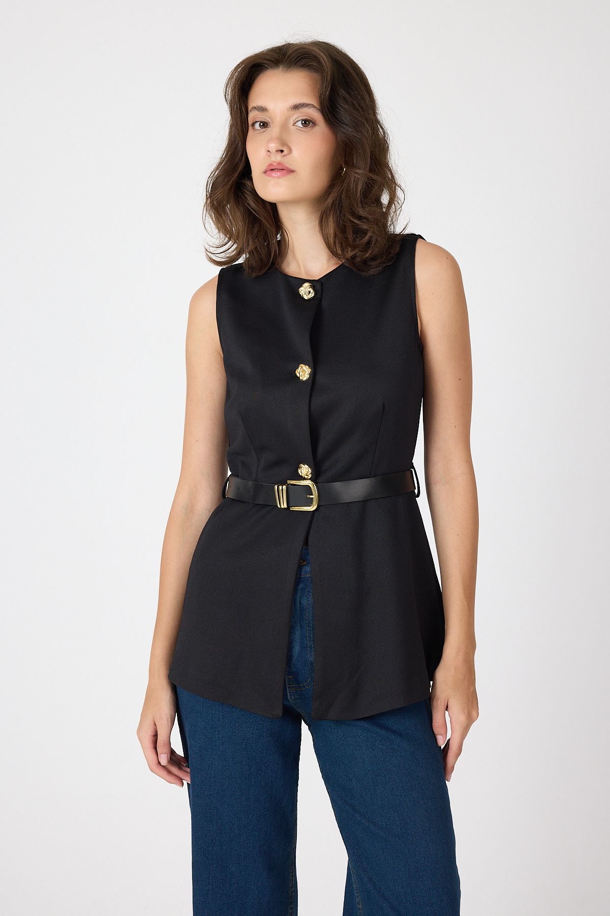 Siyah Gold Düğmeli Kemerli Yelek 8145A - RAYS