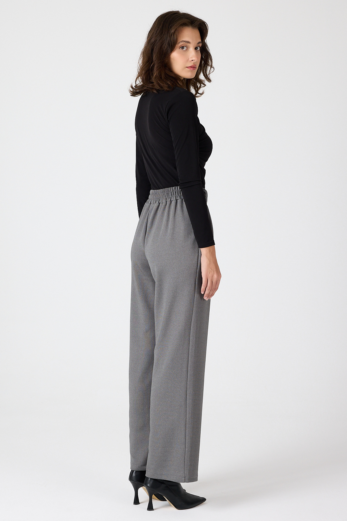 Antrasit Kemerli Yüksek Bel Bol Paça Kadın Pantolon 8147A - 5