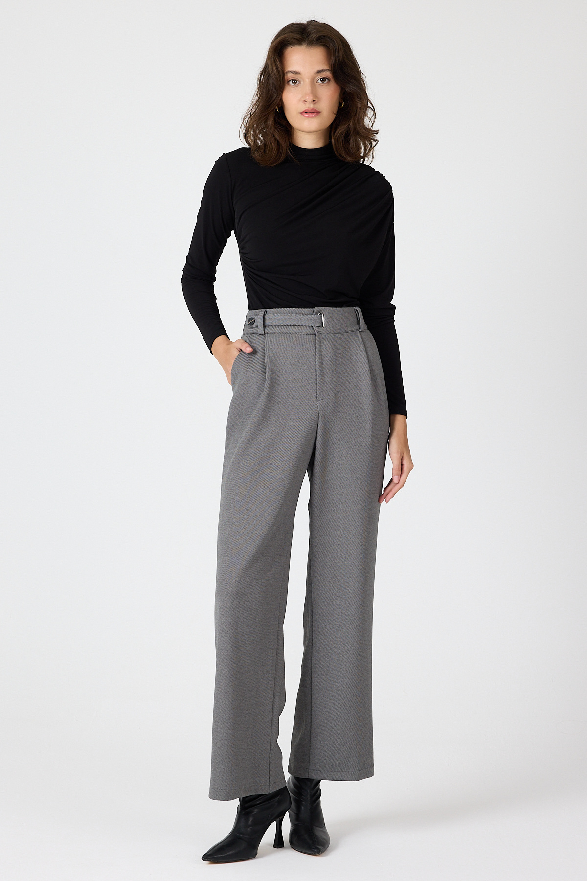 Antrasit Kemerli Yüksek Bel Bol Paça Kadın Pantolon 8147A - 2