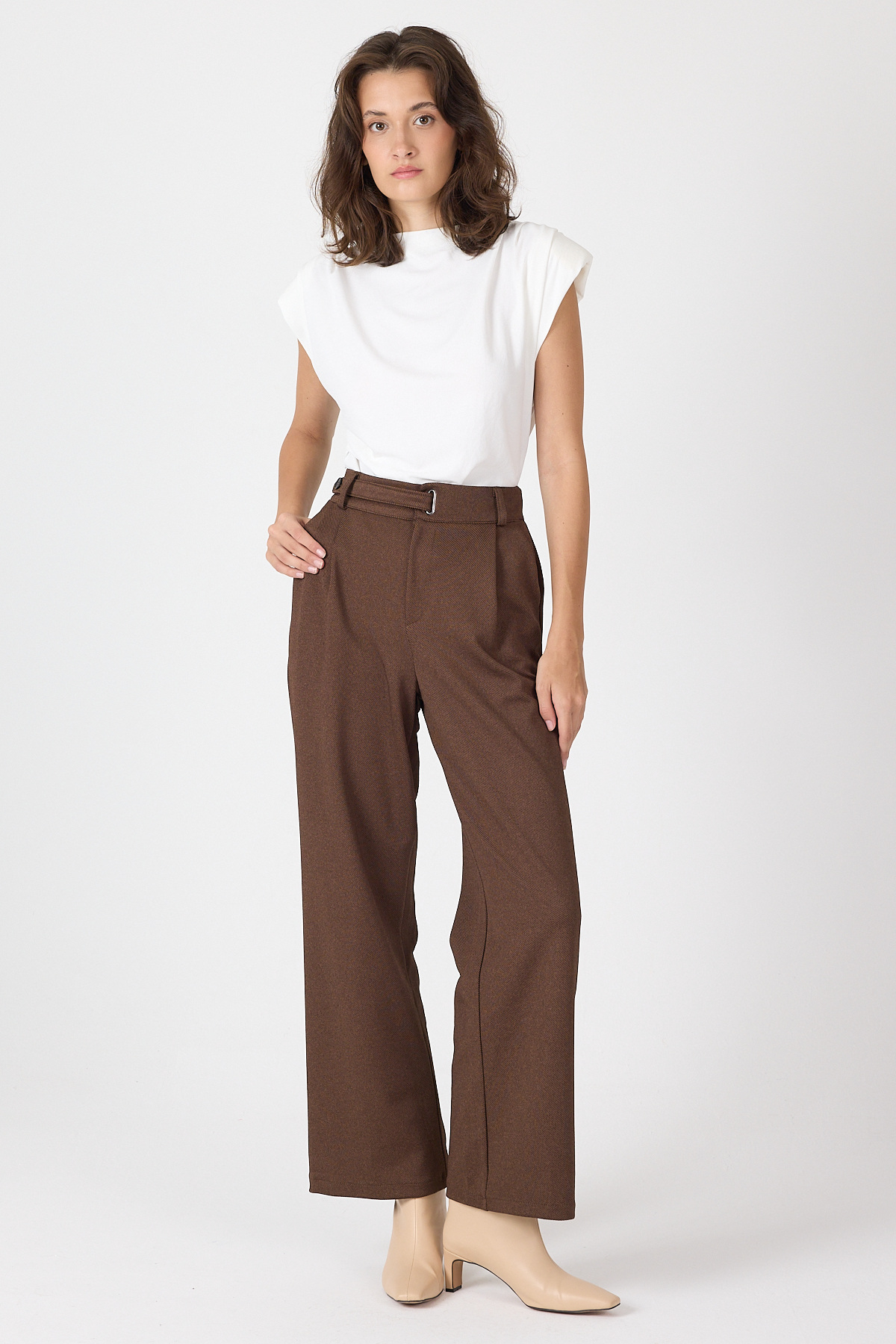 Kahve Kemerli Yüksek Bel Bol Paça Kadın Pantolon 8147A - 2
