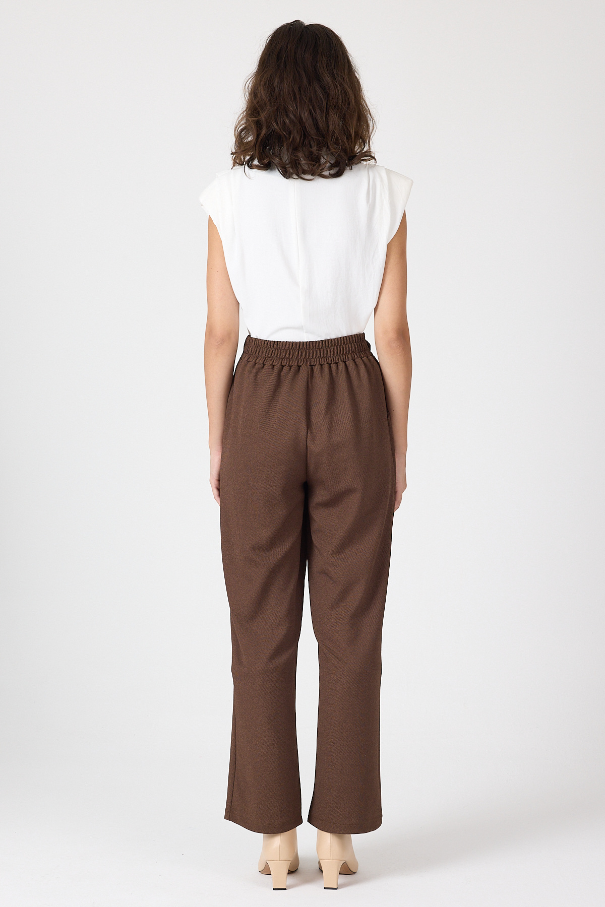 Kahve Kemerli Yüksek Bel Bol Paça Kadın Pantolon 8147A - 5