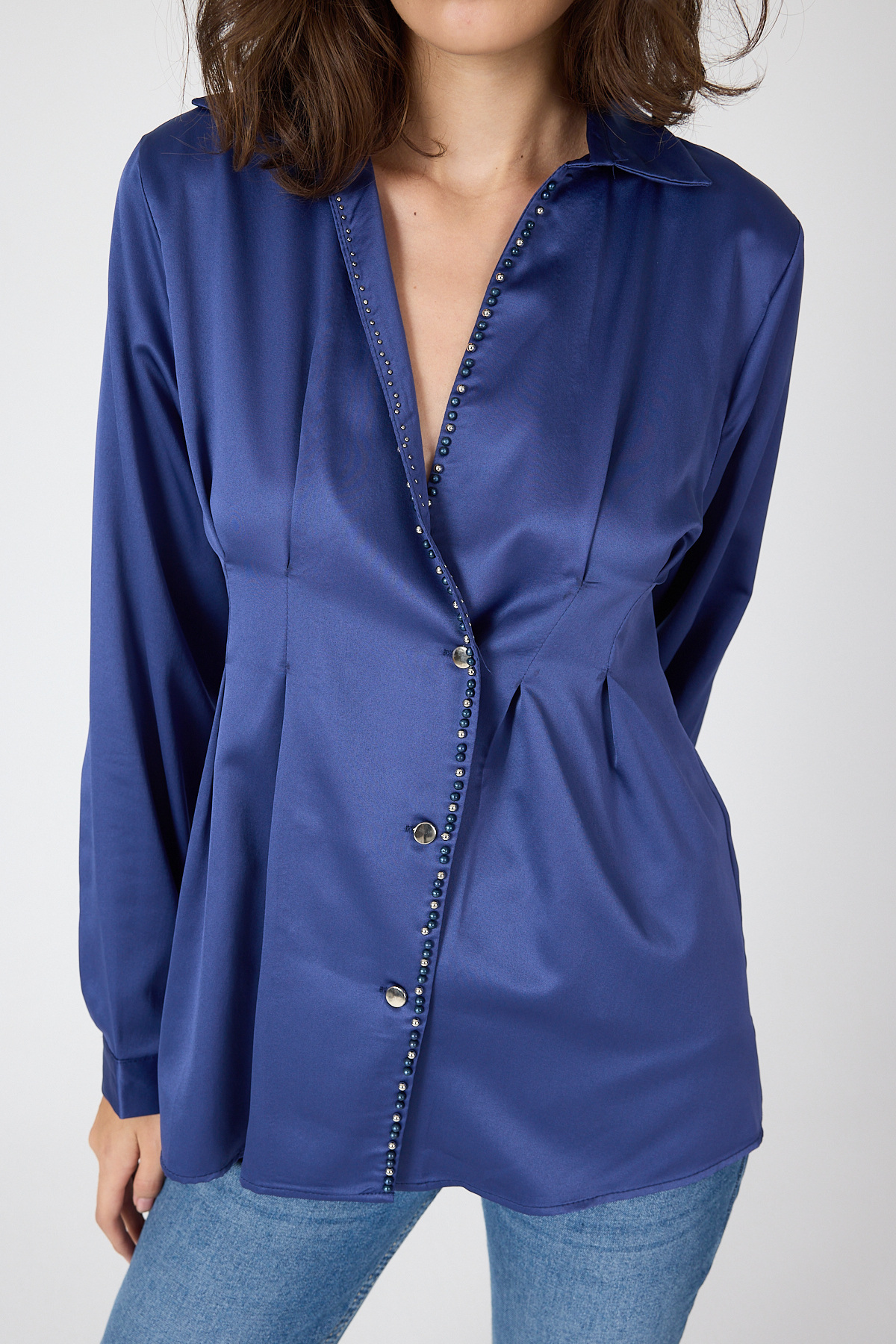 Laci Kruvaze Kesim Taş İşlemeli Kadın Saten Gömlek 8149A - RAYS