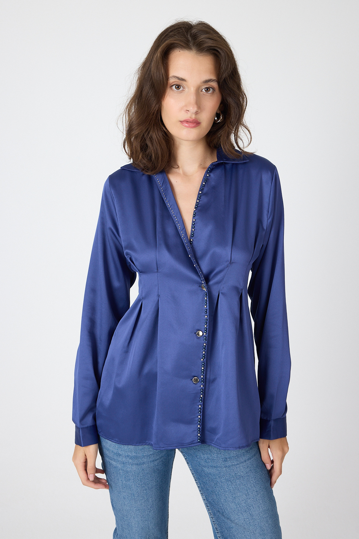 Laci Kruvaze Kesim Taş İşlemeli Kadın Saten Gömlek 8149A - 1