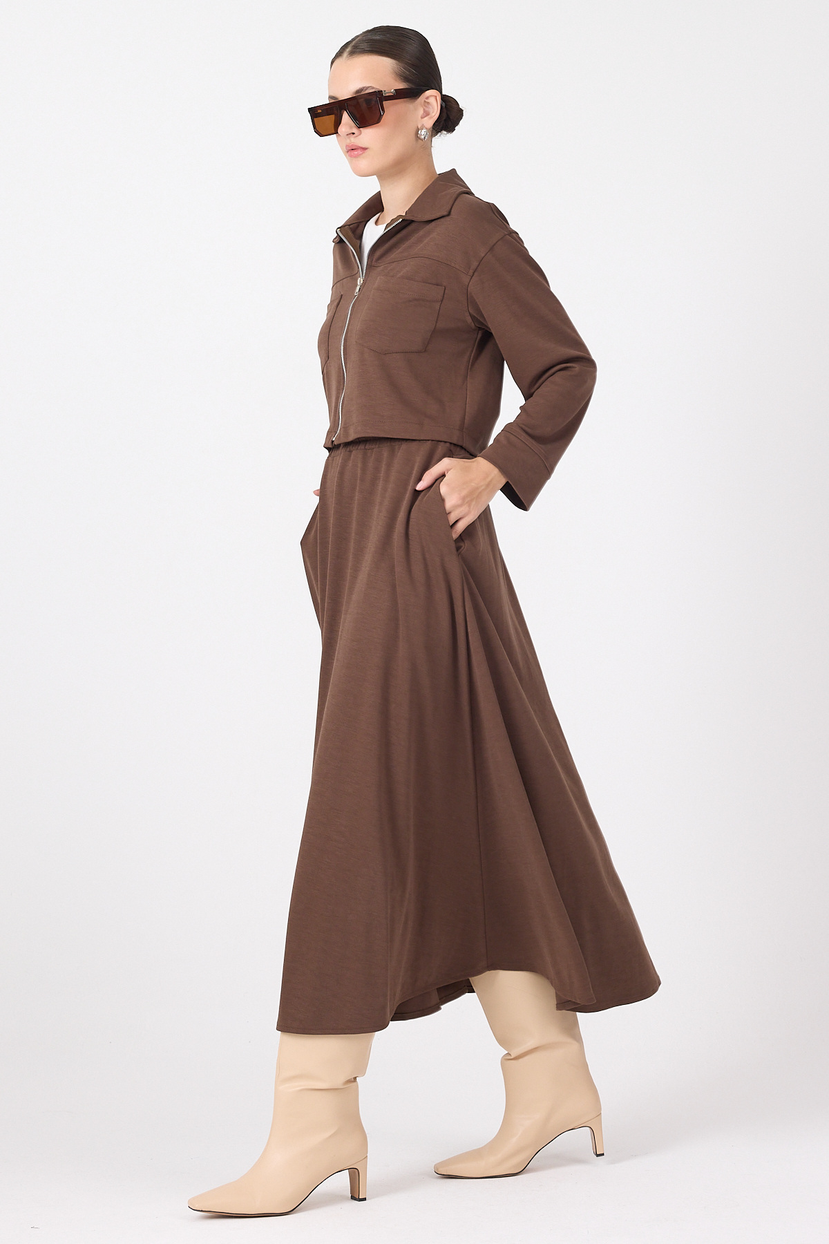 Kahve Yumuşak Dokulu Ceket Etek Takım 8150A - 1
