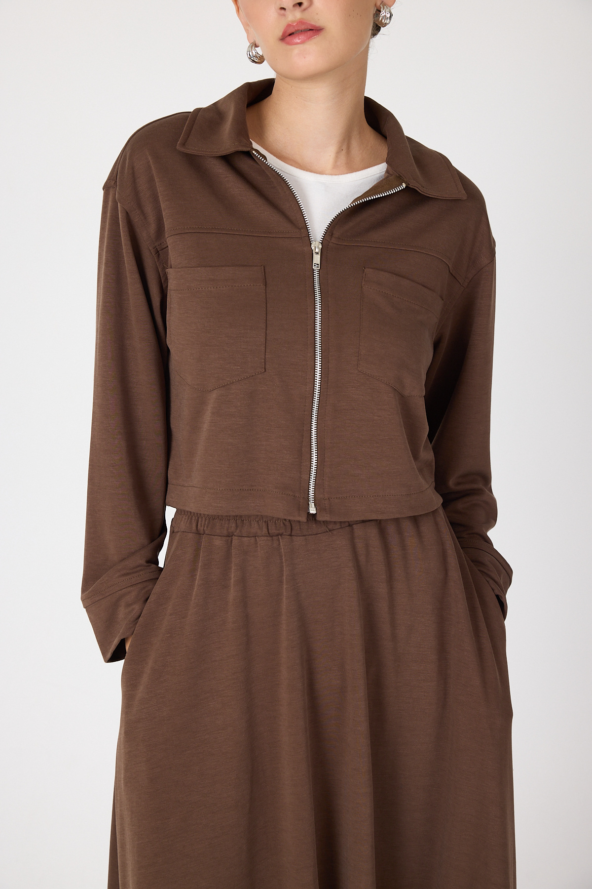 Kahve Yumuşak Dokulu Ceket Etek Takım 8150A - 4