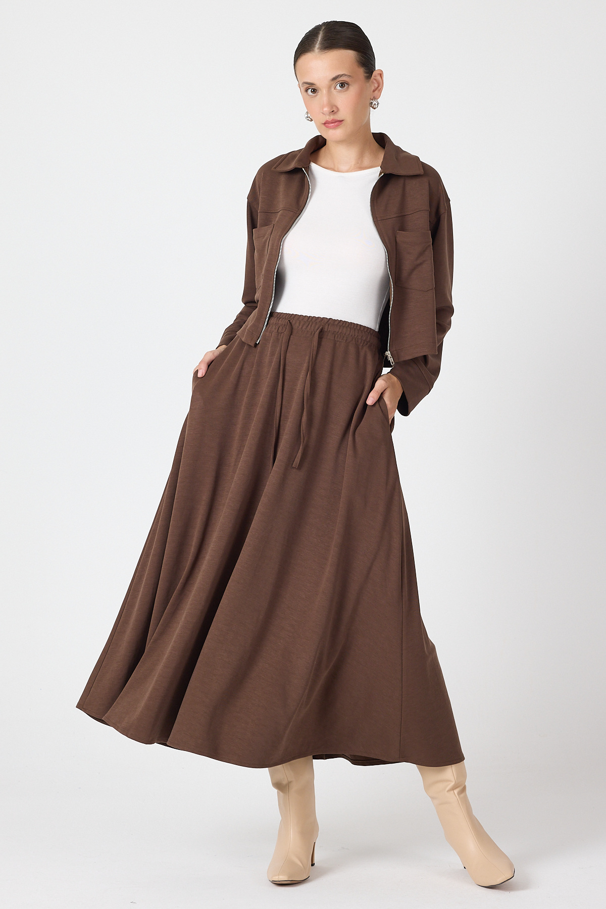 Kahve Yumuşak Dokulu Ceket Etek Takım 8150A - 3