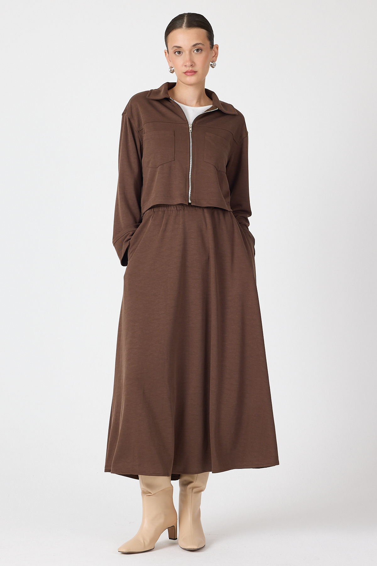 Kahve Yumuşak Dokulu Ceket Etek Takım 8150A - 6