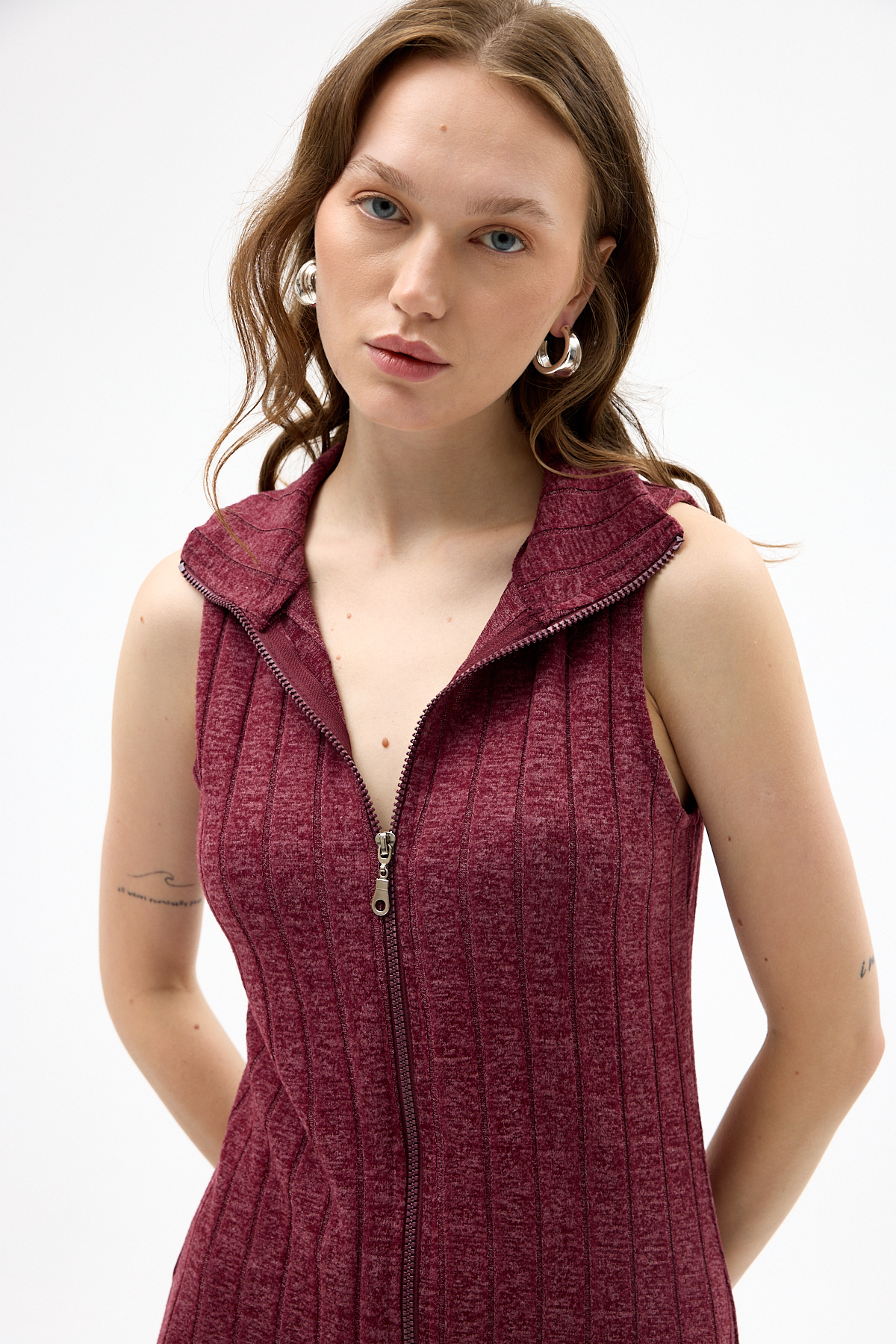 Bordo Fermuarlı Dik Yaka Triko Elbise 8152A - 6