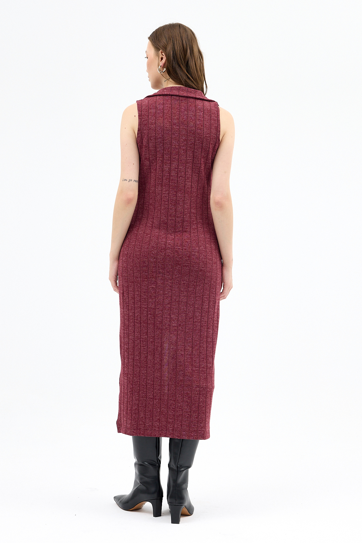 Bordo Fermuarlı Dik Yaka Triko Elbise 8152A - 5