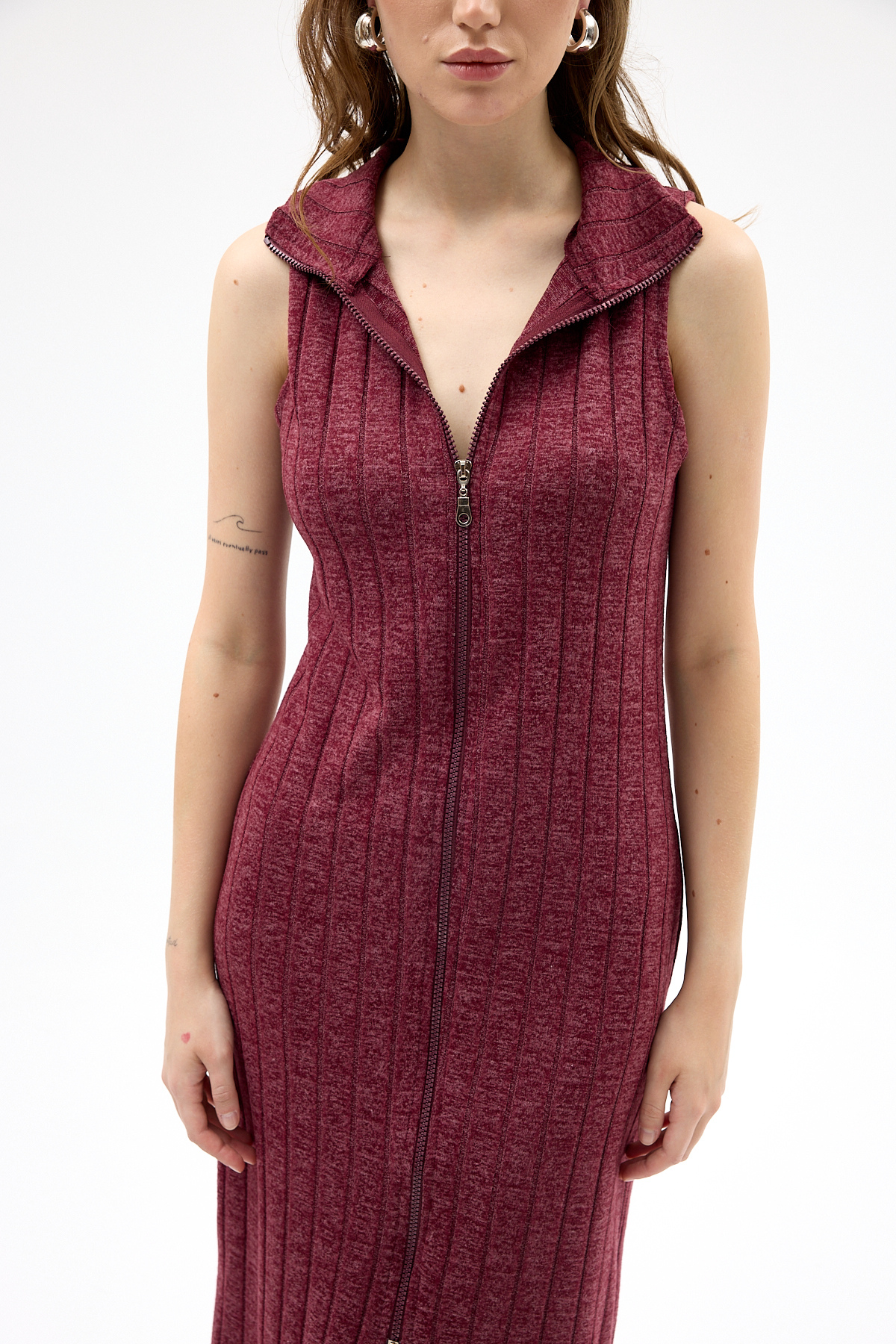 Bordo Fermuarlı Dik Yaka Triko Elbise 8152A - 4