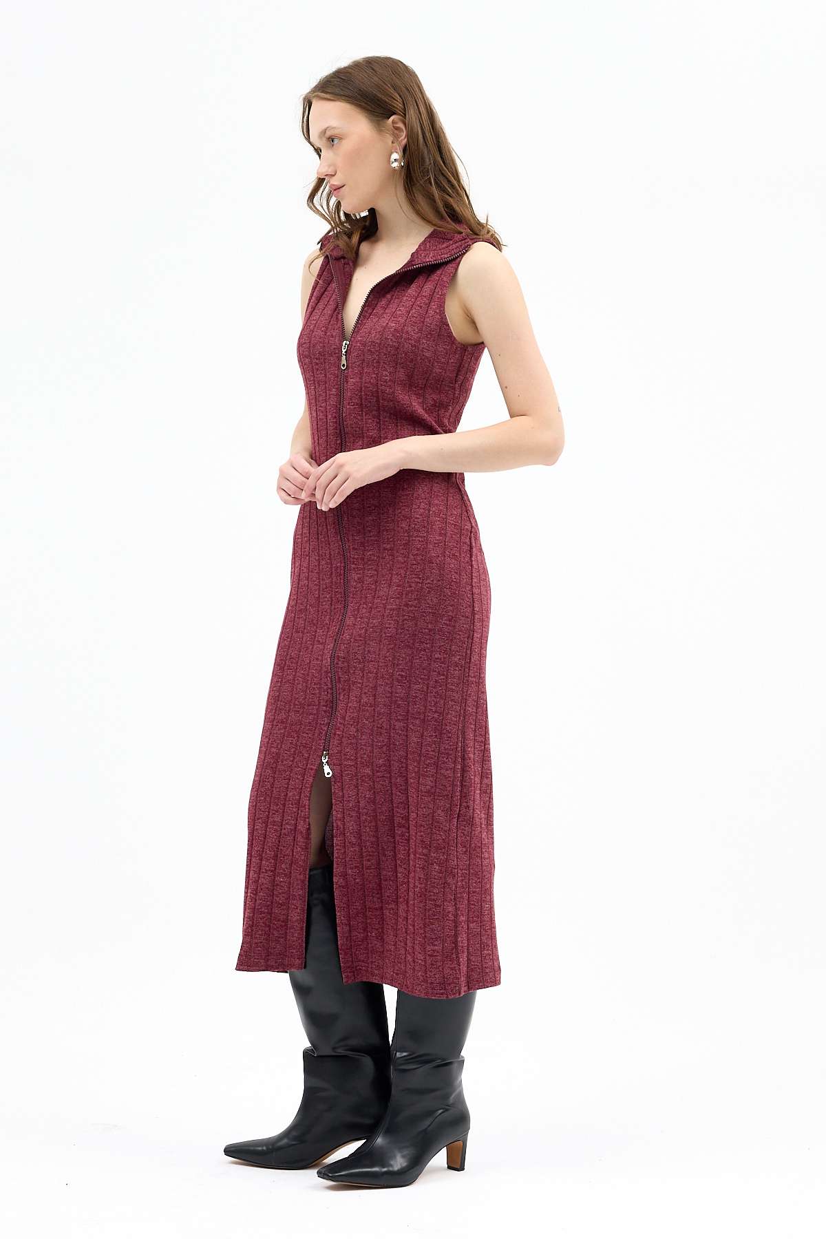 Bordo Fermuarlı Dik Yaka Triko Elbise 8152A - RAYS
