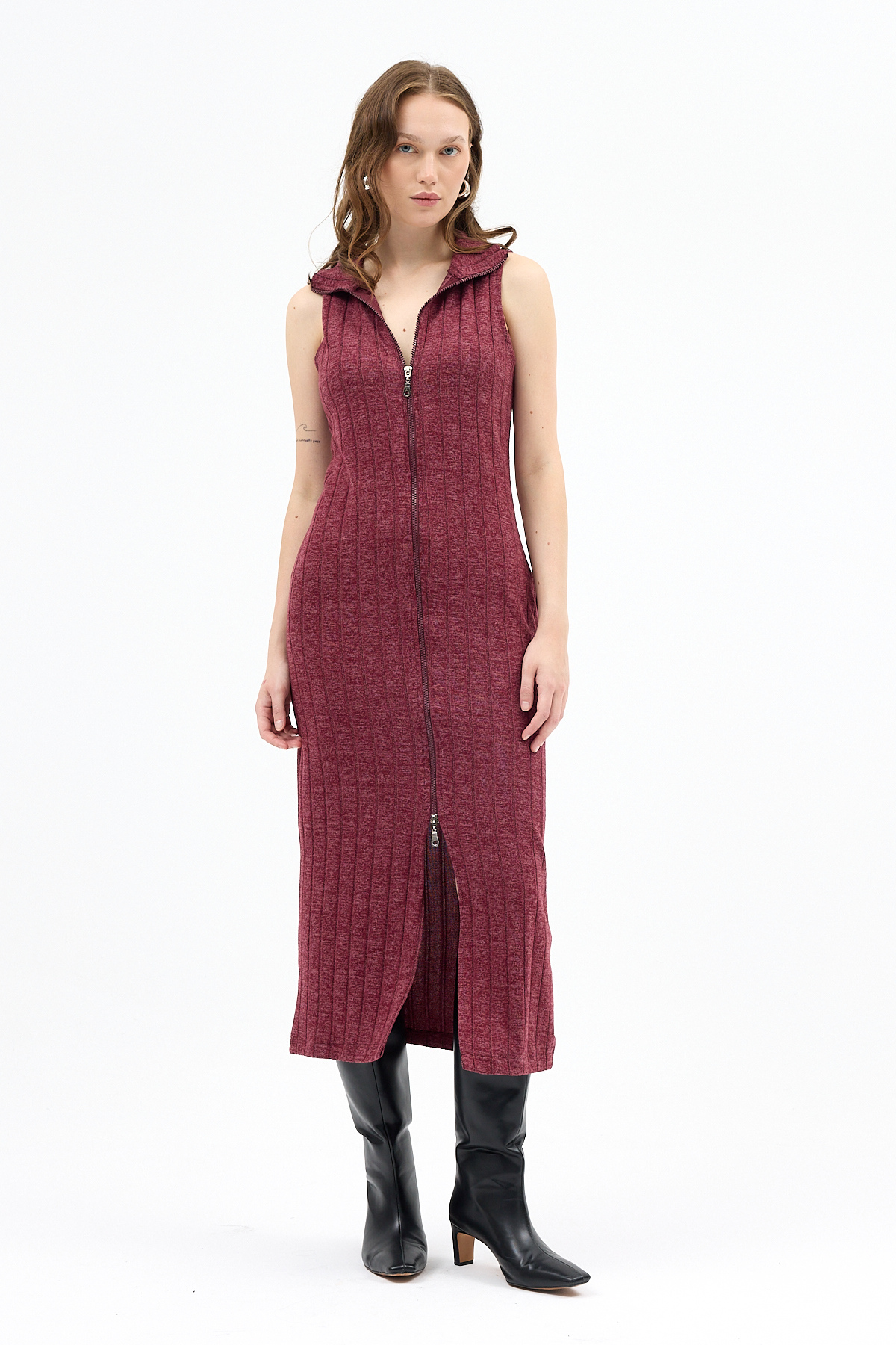 Bordo Fermuarlı Dik Yaka Triko Elbise 8152A - RAYS