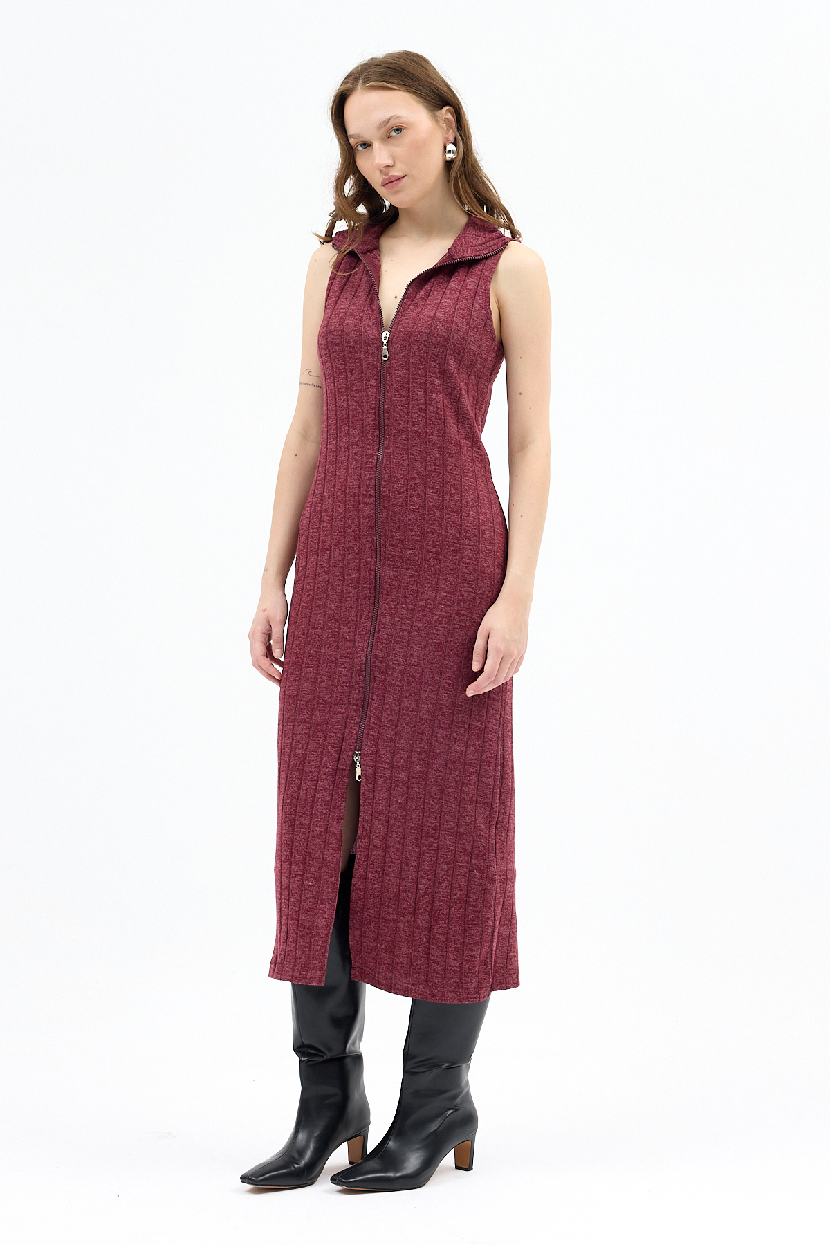 Bordo Fermuarlı Dik Yaka Triko Elbise 8152A - 1