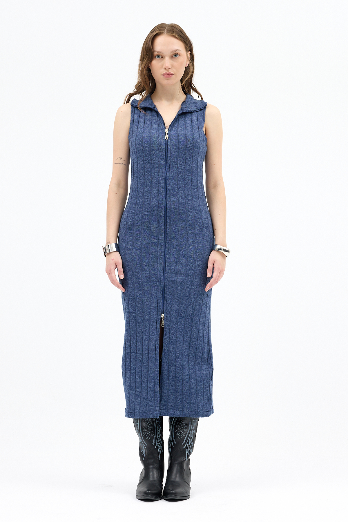 İndigo Fermuarlı Dik Yaka Triko Elbise 8152A - RAYS (1)