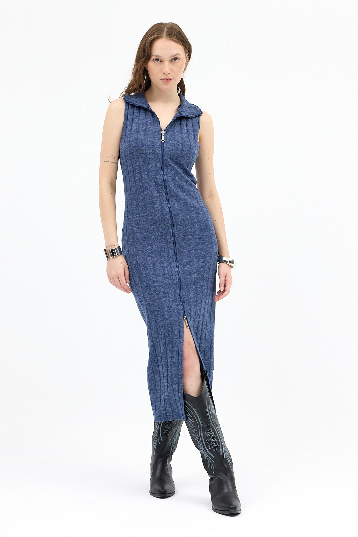 İndigo Fermuarlı Dik Yaka Triko Elbise 8152A - RAYS