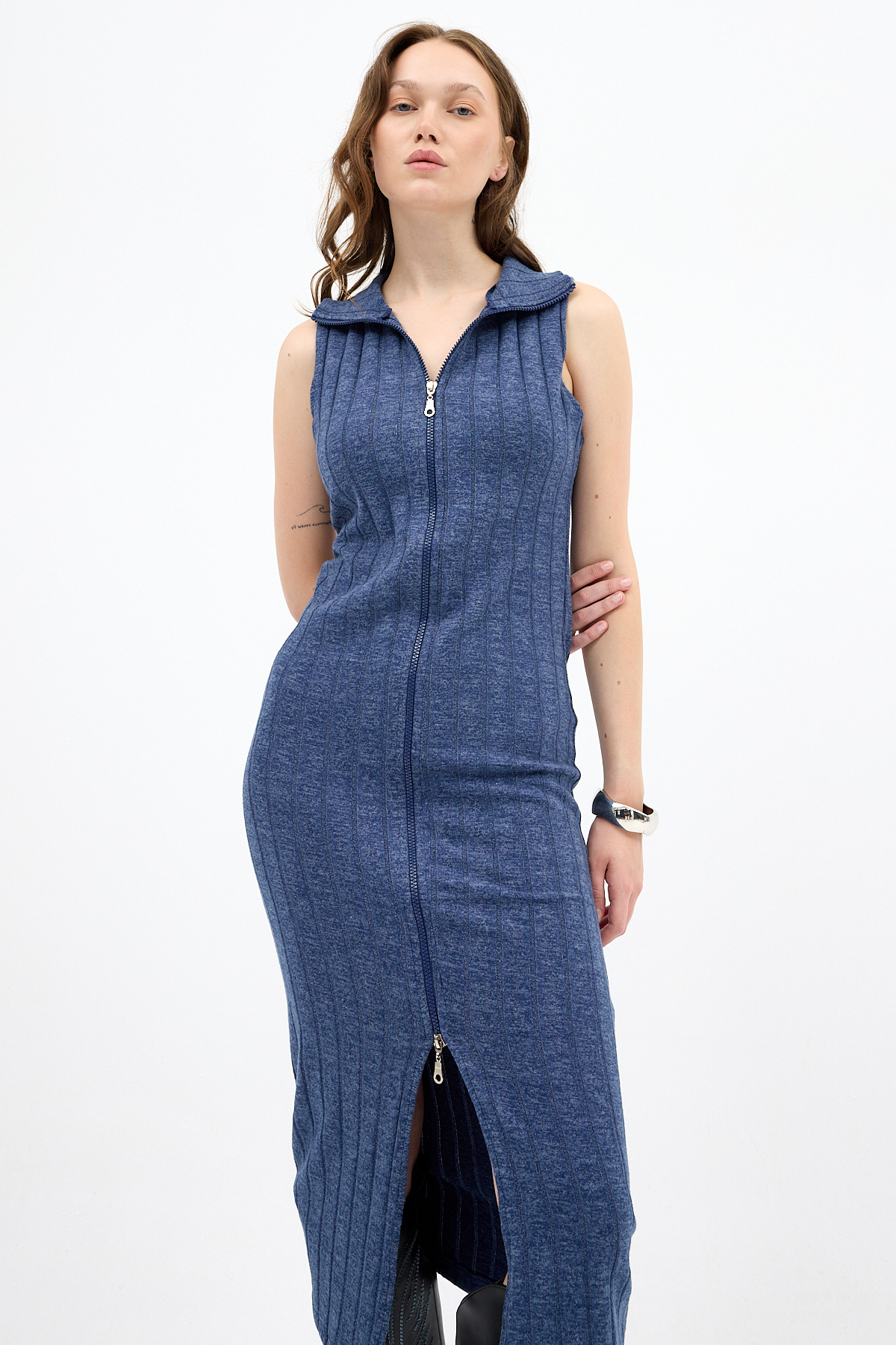 İndigo Fermuarlı Dik Yaka Triko Elbise 8152A - 6