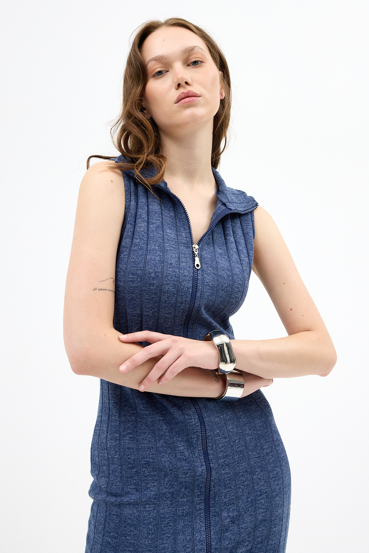 İndigo Fermuarlı Dik Yaka Triko Elbise 8152A - RAYS