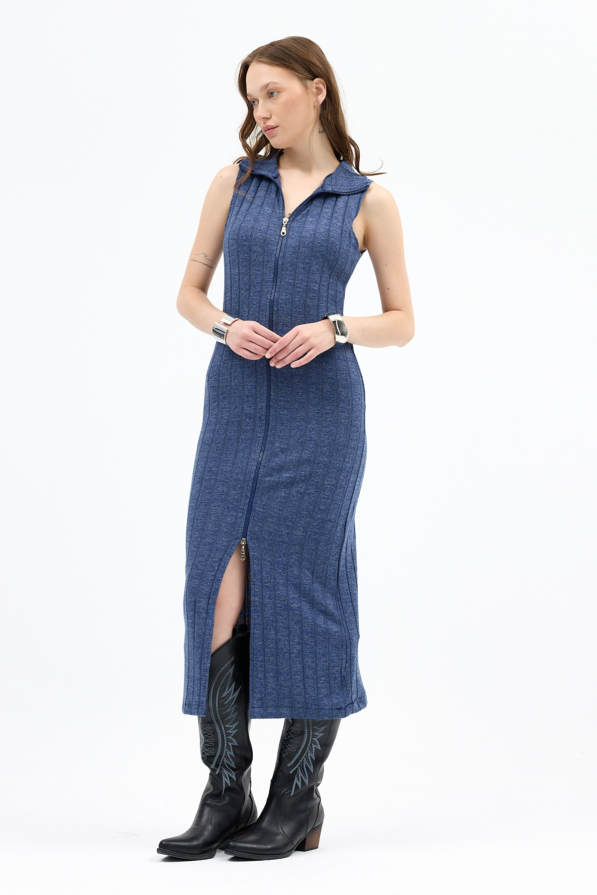 İndigo Fermuarlı Dik Yaka Triko Elbise 8152A - 7