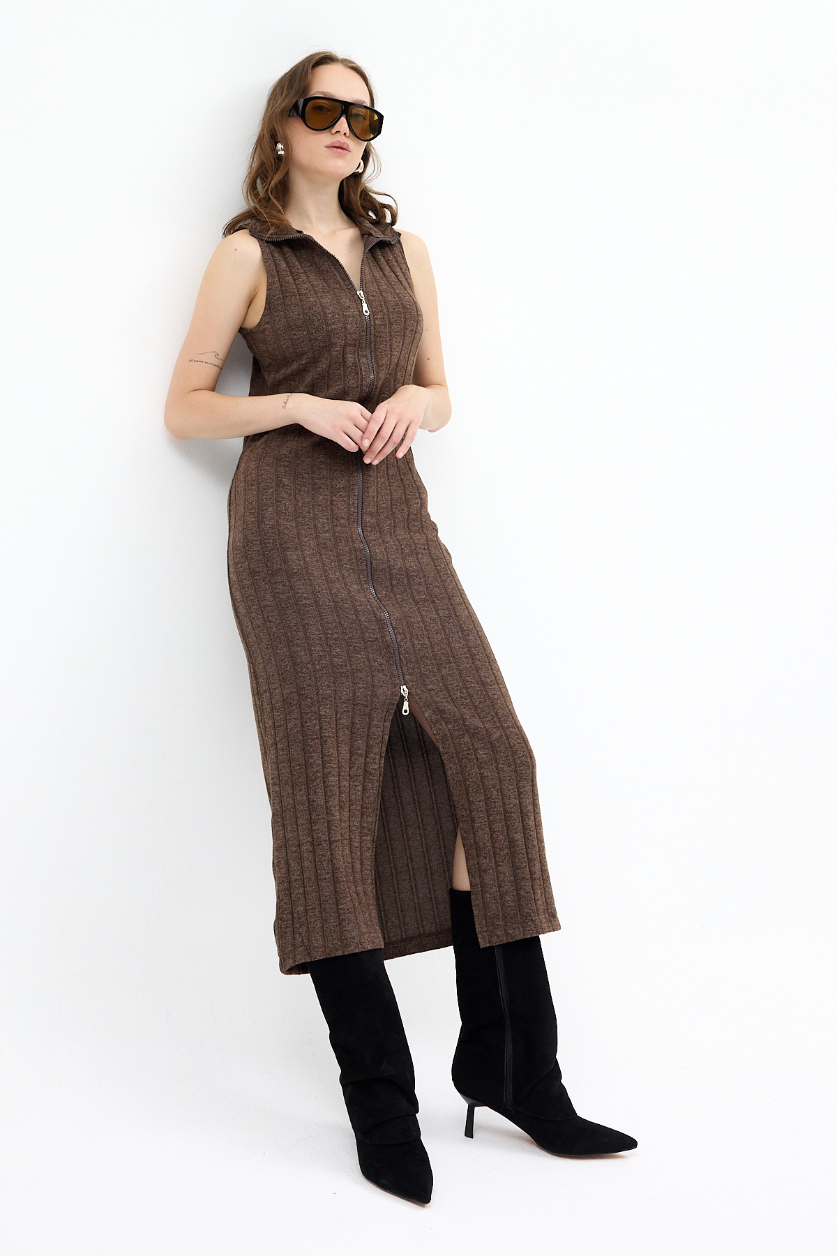 Kahve Fermuarlı Dik Yaka Triko Elbise 8152A - RAYS