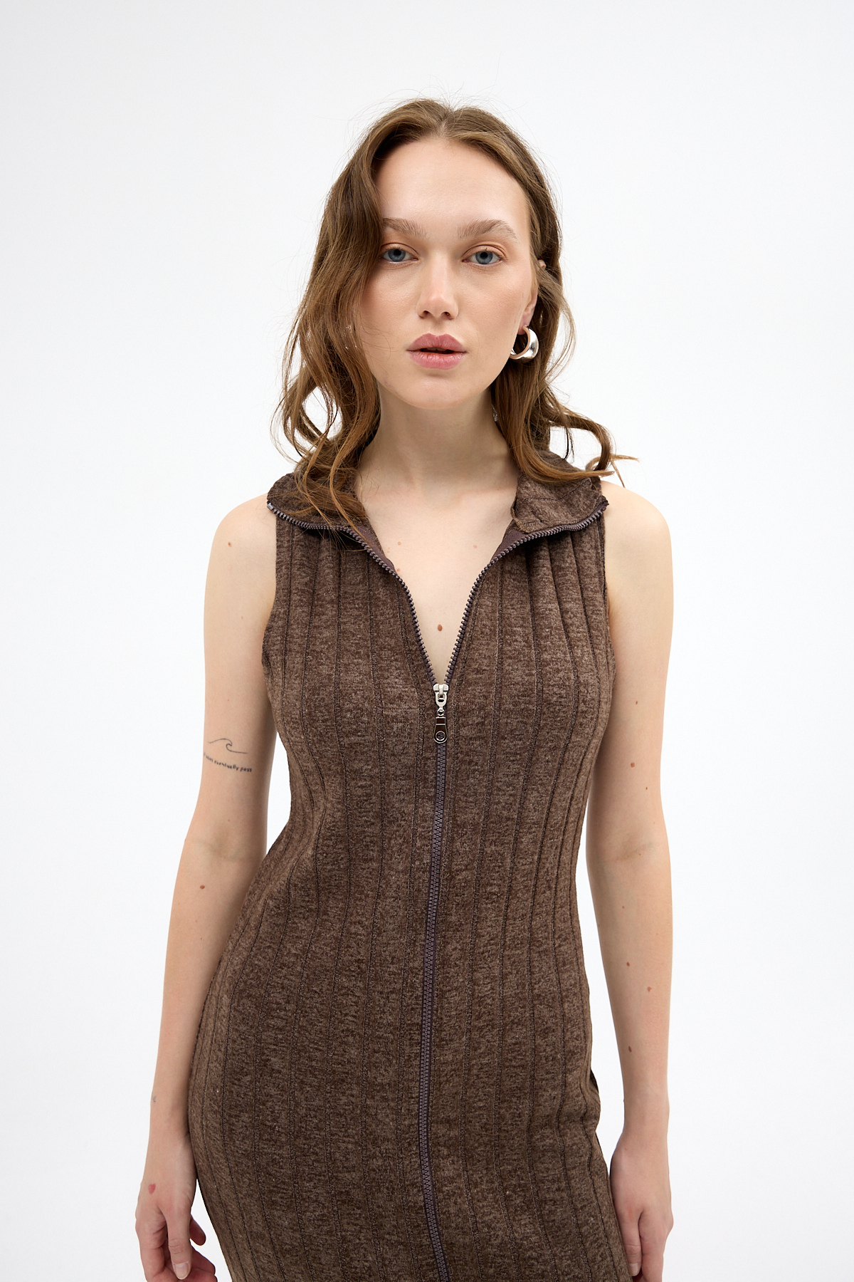 Kahve Fermuarlı Dik Yaka Triko Elbise 8152A - RAYS