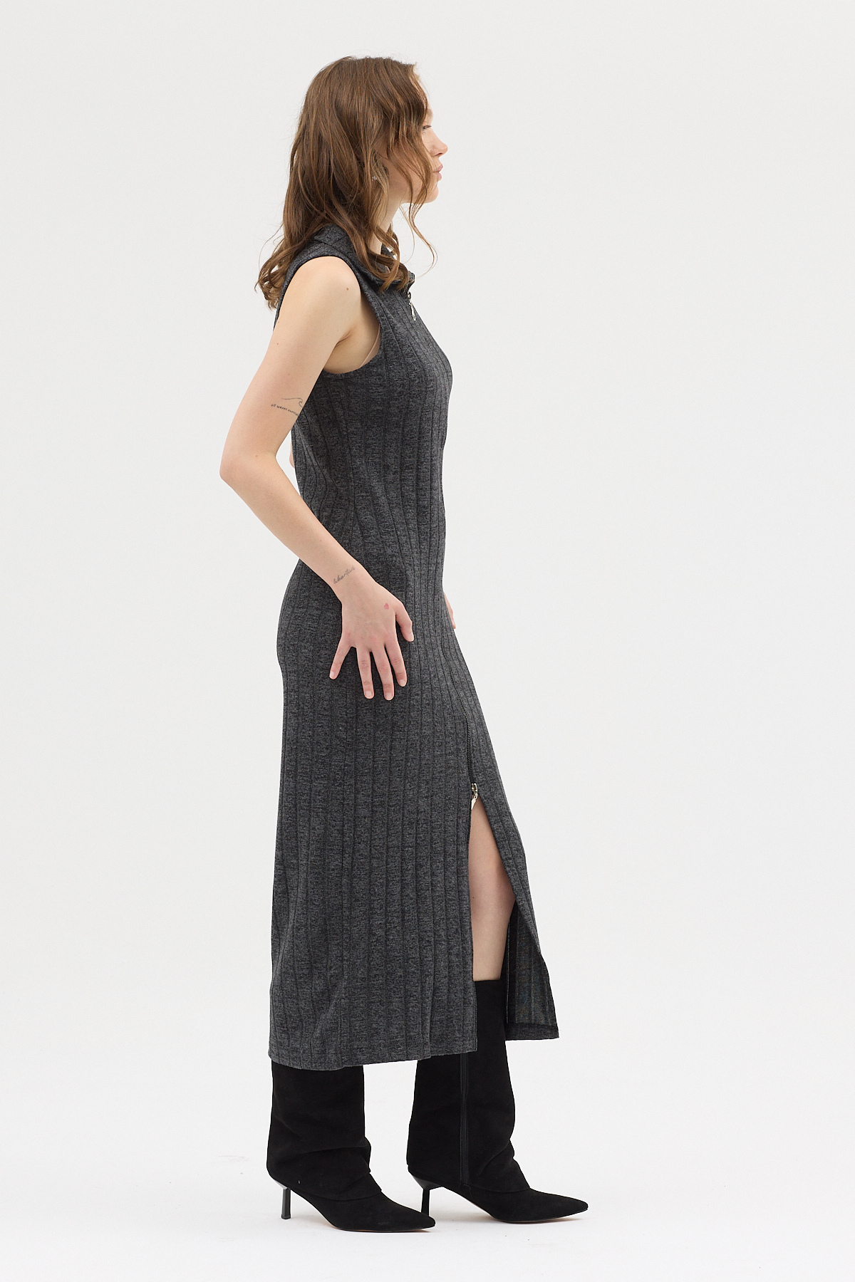 Siyah Fermuarlı Dik Yaka Triko Elbise 8152A - 3