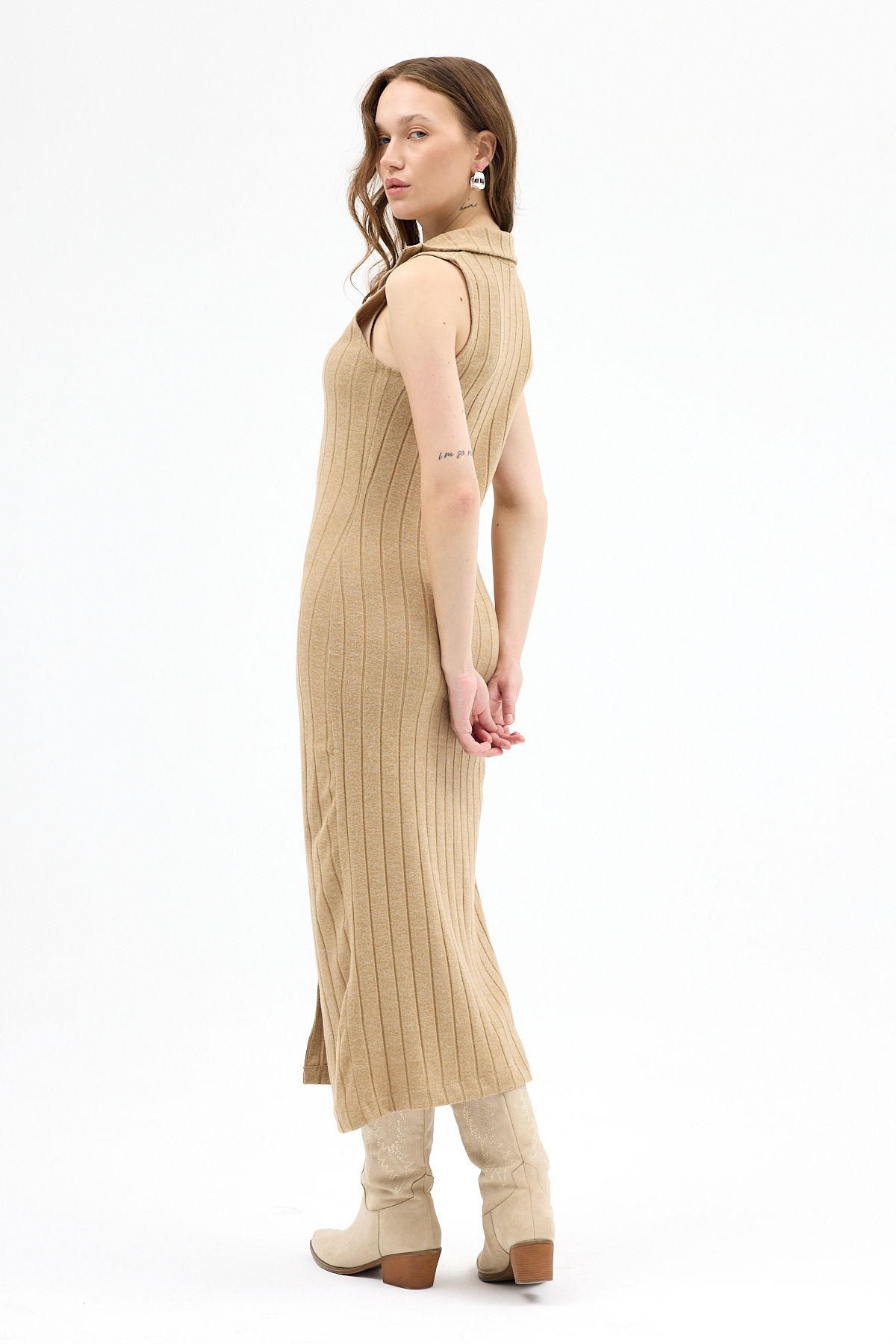 Vizon Fermuarlı Dik Yaka Triko Elbise 8152A - 5