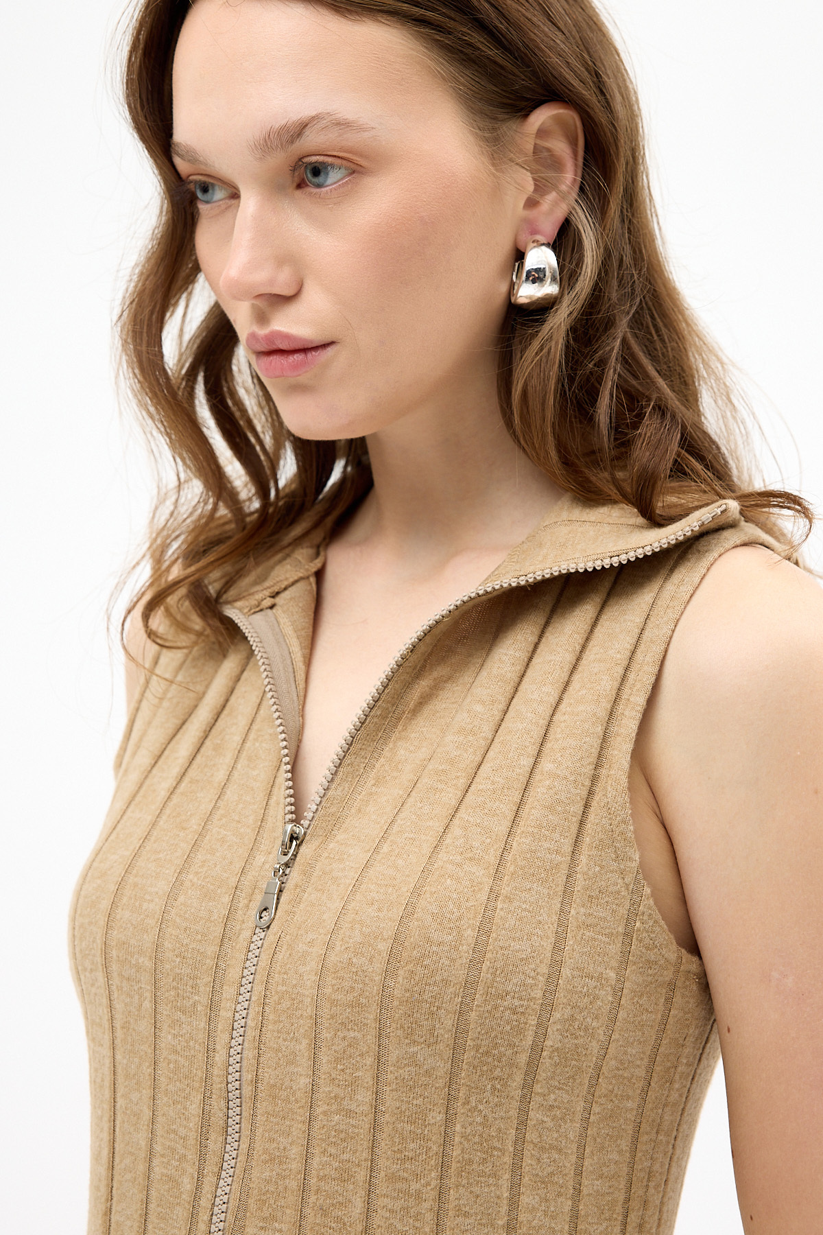 Vizon Fermuarlı Dik Yaka Triko Elbise 8152A - 4