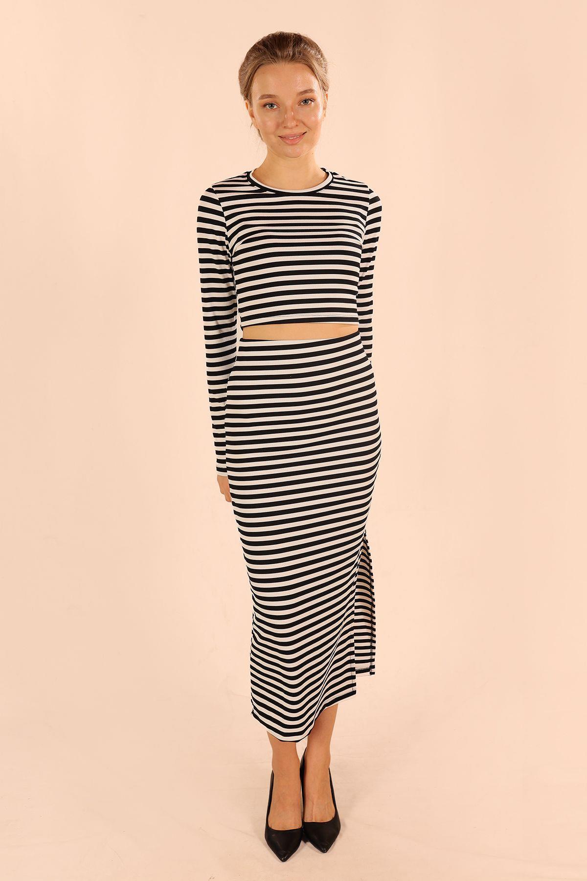 Beyaz-Siyah Çizgili Etek Bluz Takım 8153 - 2