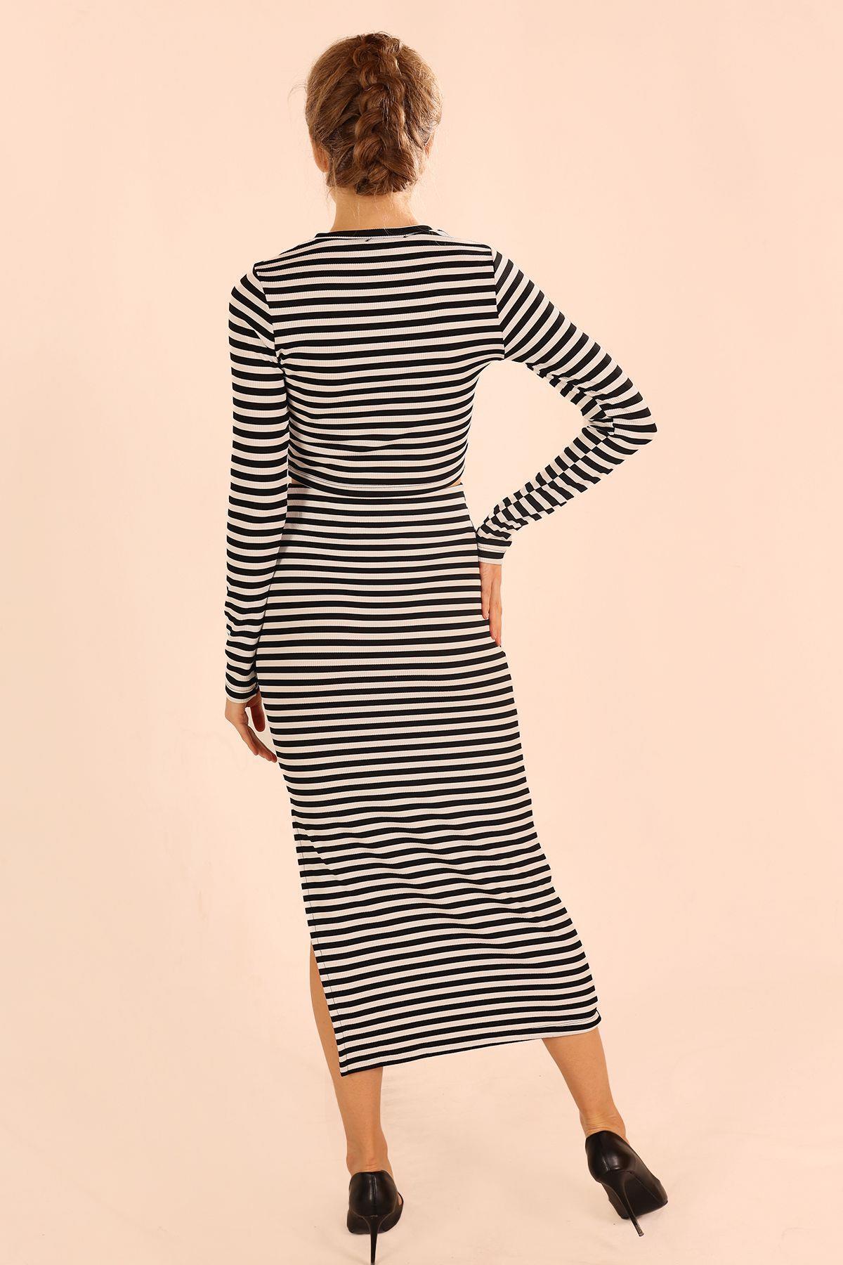 Beyaz-Siyah Çizgili Etek Bluz Takım 8153 - 5