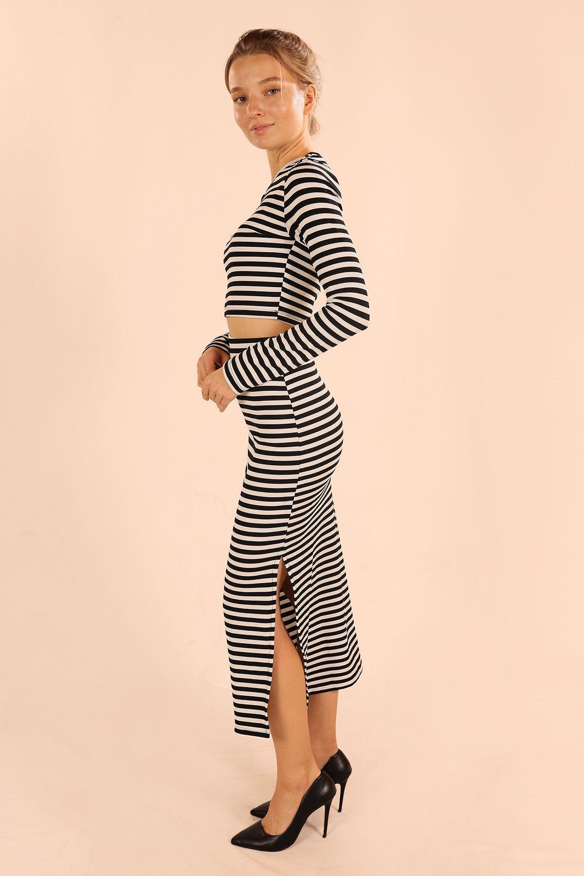 Beyaz-Siyah Çizgili Etek Bluz Takım 8153 - RAYS