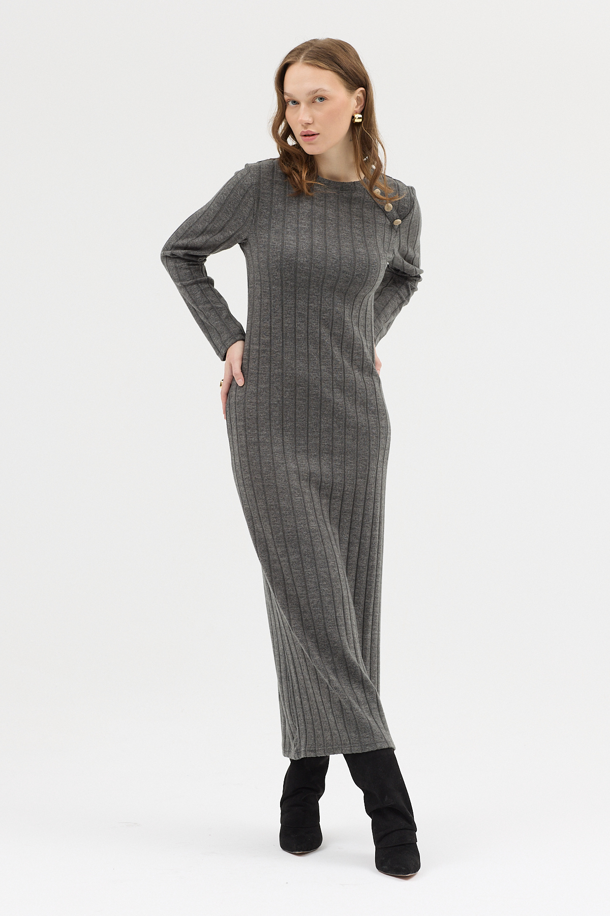 Antrasit Omuz Düğme Detaylı Triko Uzun Elbise 8154A - 6