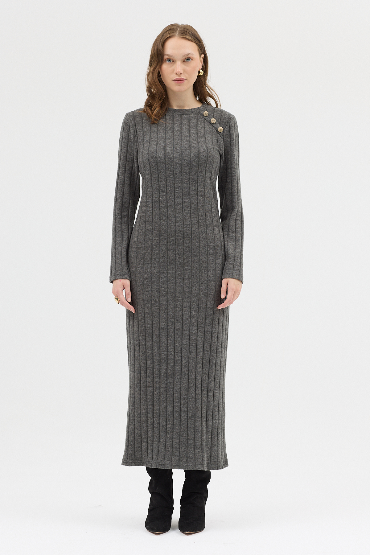 Antrasit Omuz Düğme Detaylı Triko Uzun Elbise 8154A - RAYS