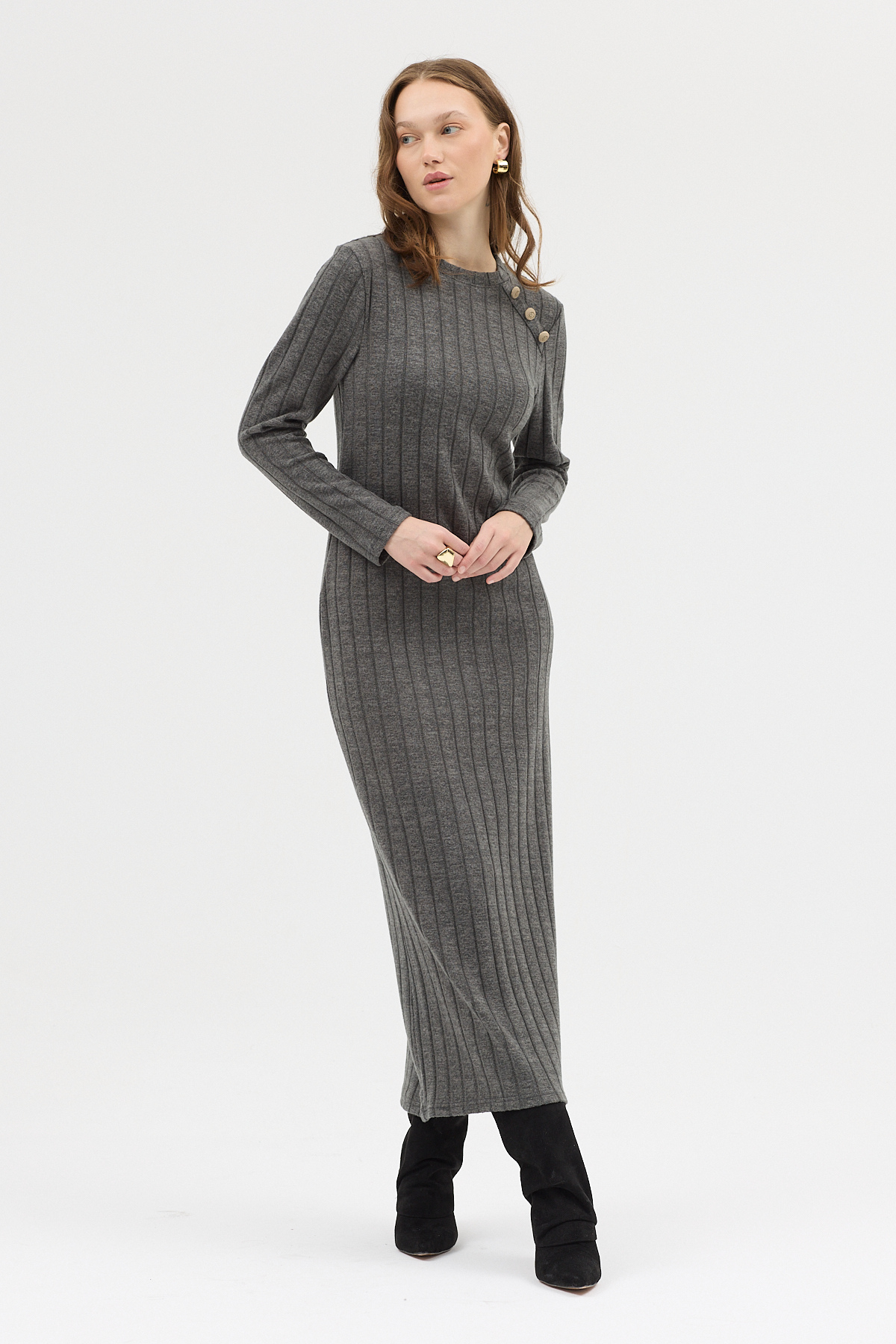 Antrasit Omuz Düğme Detaylı Triko Uzun Elbise 8154A - RAYS (1)