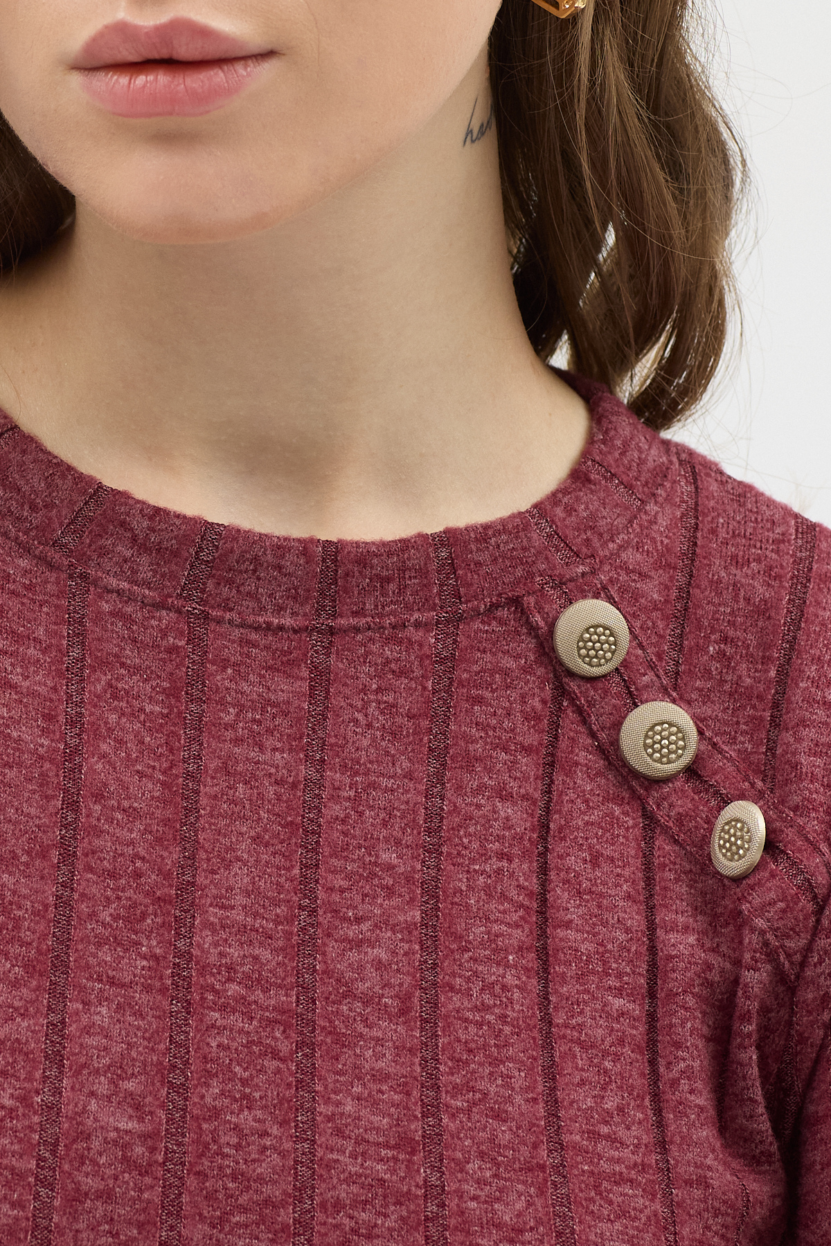 Bordo Omuz Düğme Detaylı Triko Uzun Elbise 8154A - 4