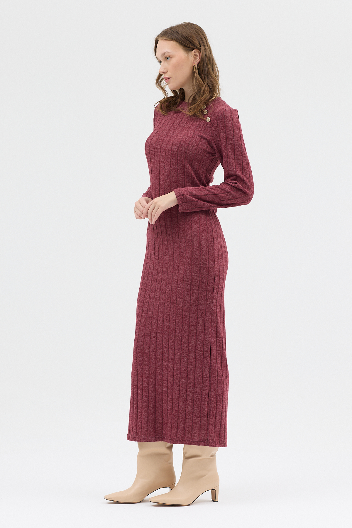 Bordo Omuz Düğme Detaylı Triko Uzun Elbise 8154A - RAYS