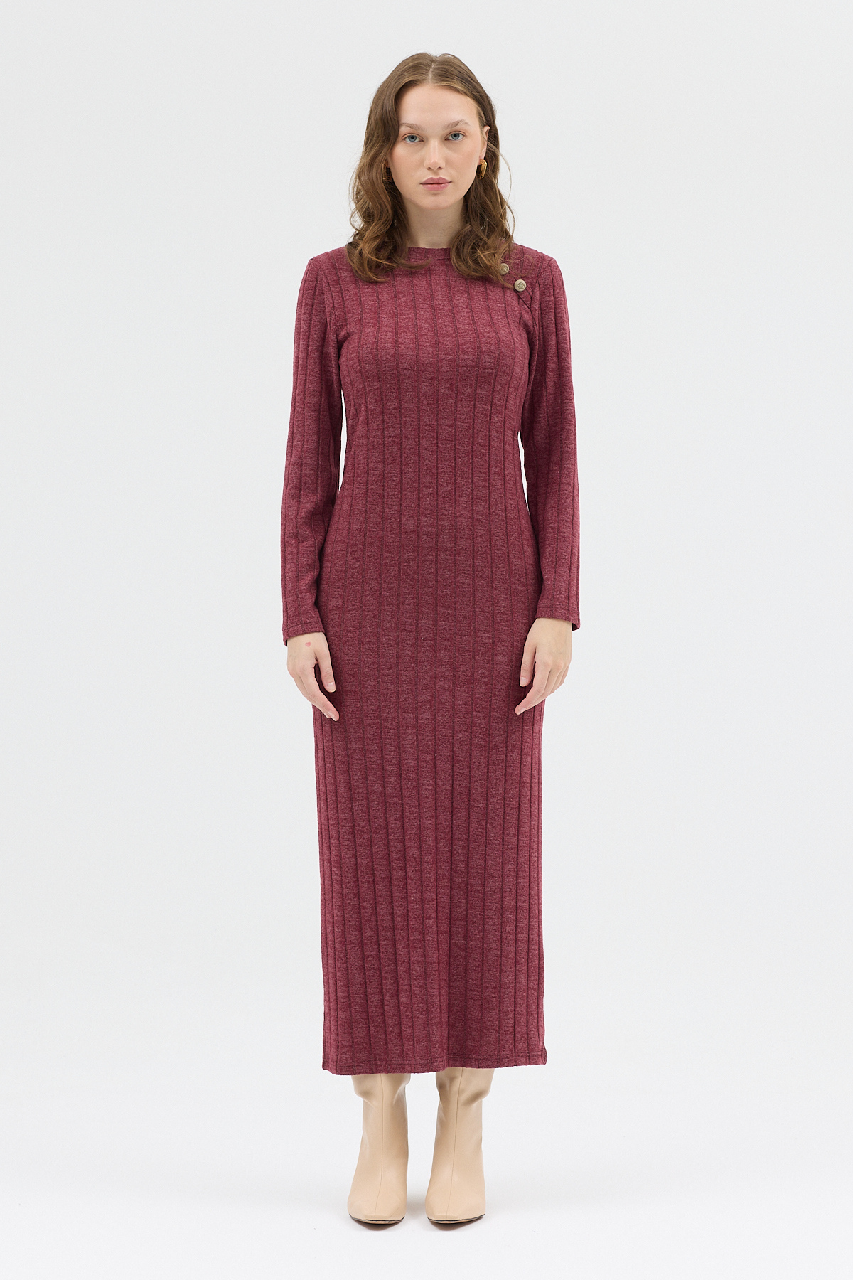 Bordo Omuz Düğme Detaylı Triko Uzun Elbise 8154A - 2