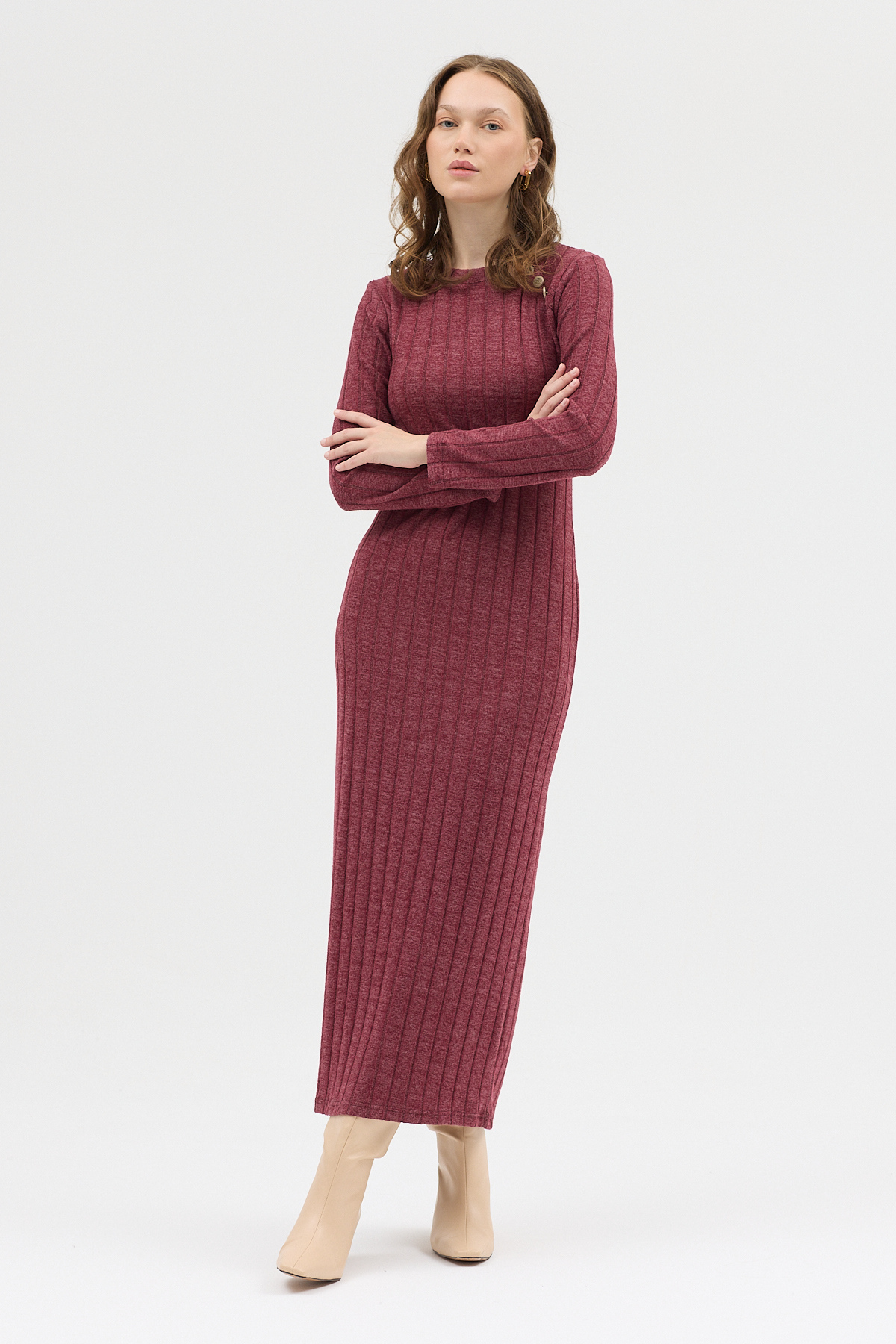 Bordo Omuz Düğme Detaylı Triko Uzun Elbise 8154A - 1