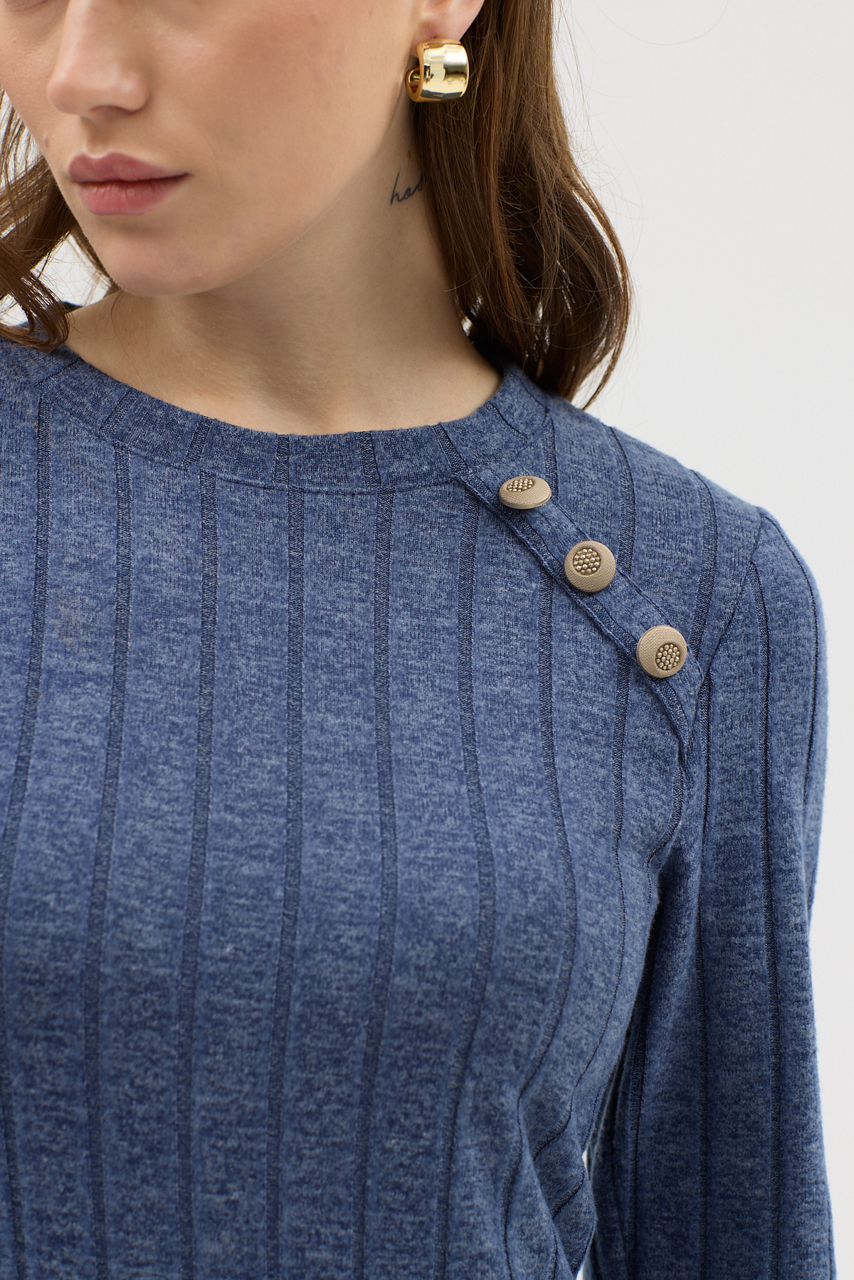 İndigo Omuz Düğme Detaylı Triko Uzun Elbise 8154A - RAYS