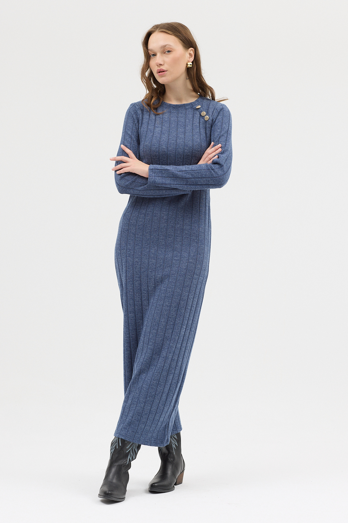 İndigo Omuz Düğme Detaylı Triko Uzun Elbise 8154A - RAYS