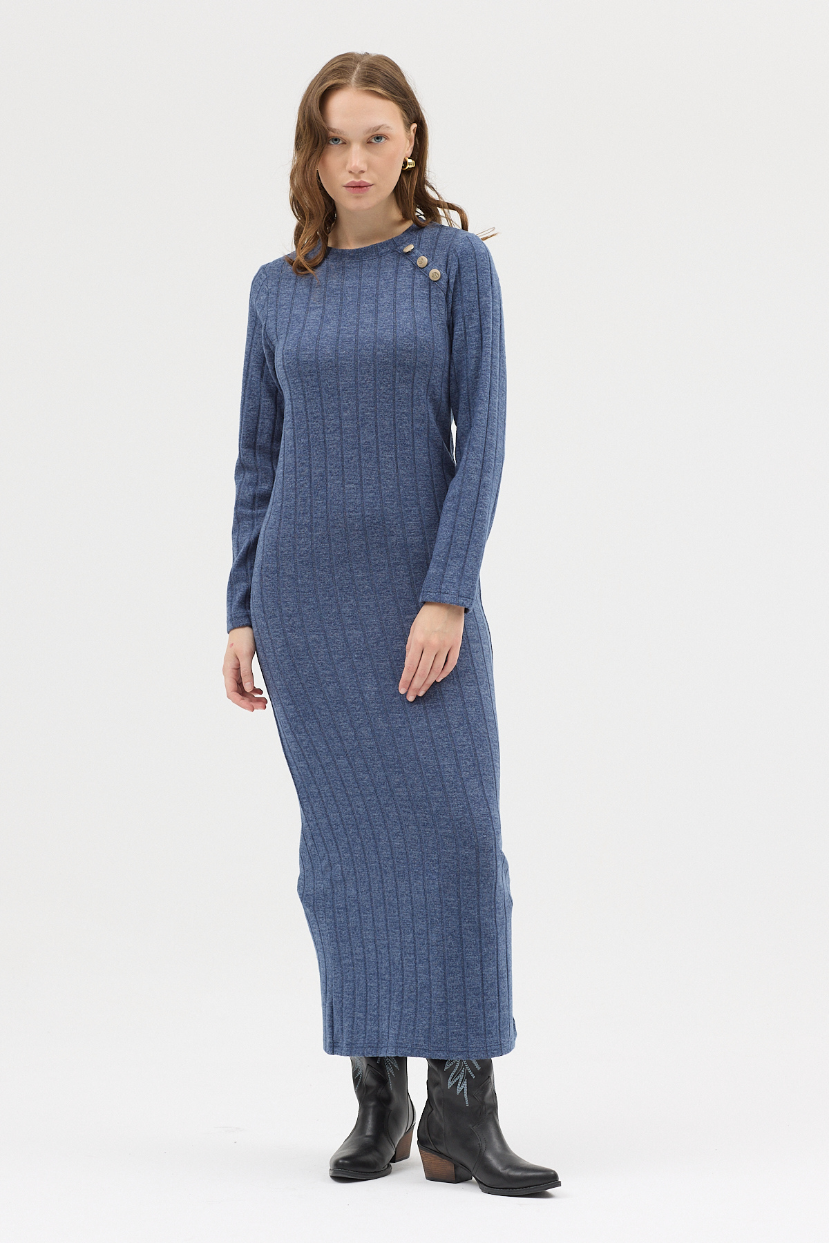 İndigo Omuz Düğme Detaylı Triko Uzun Elbise 8154A - 6