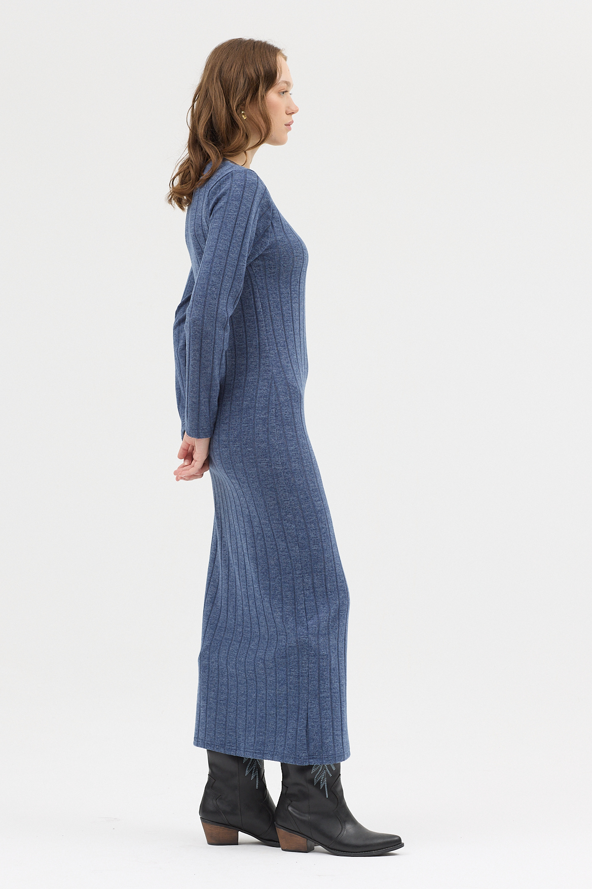 İndigo Omuz Düğme Detaylı Triko Uzun Elbise 8154A - 5